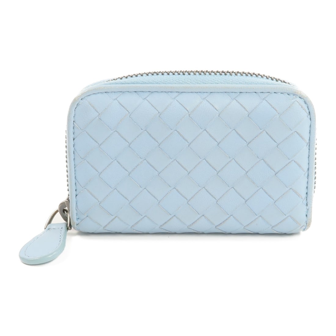 Bottega Veneta Intrecciato Leather Blue Coin Purse BV 114075: Bottega Veneta Intrecciato Leather Blue Coin Purse BV 114075 This Bottega Veneta coin case features the brand's signature Intrecciato leather design in a light blue color. Crafted in Italy, it is desi