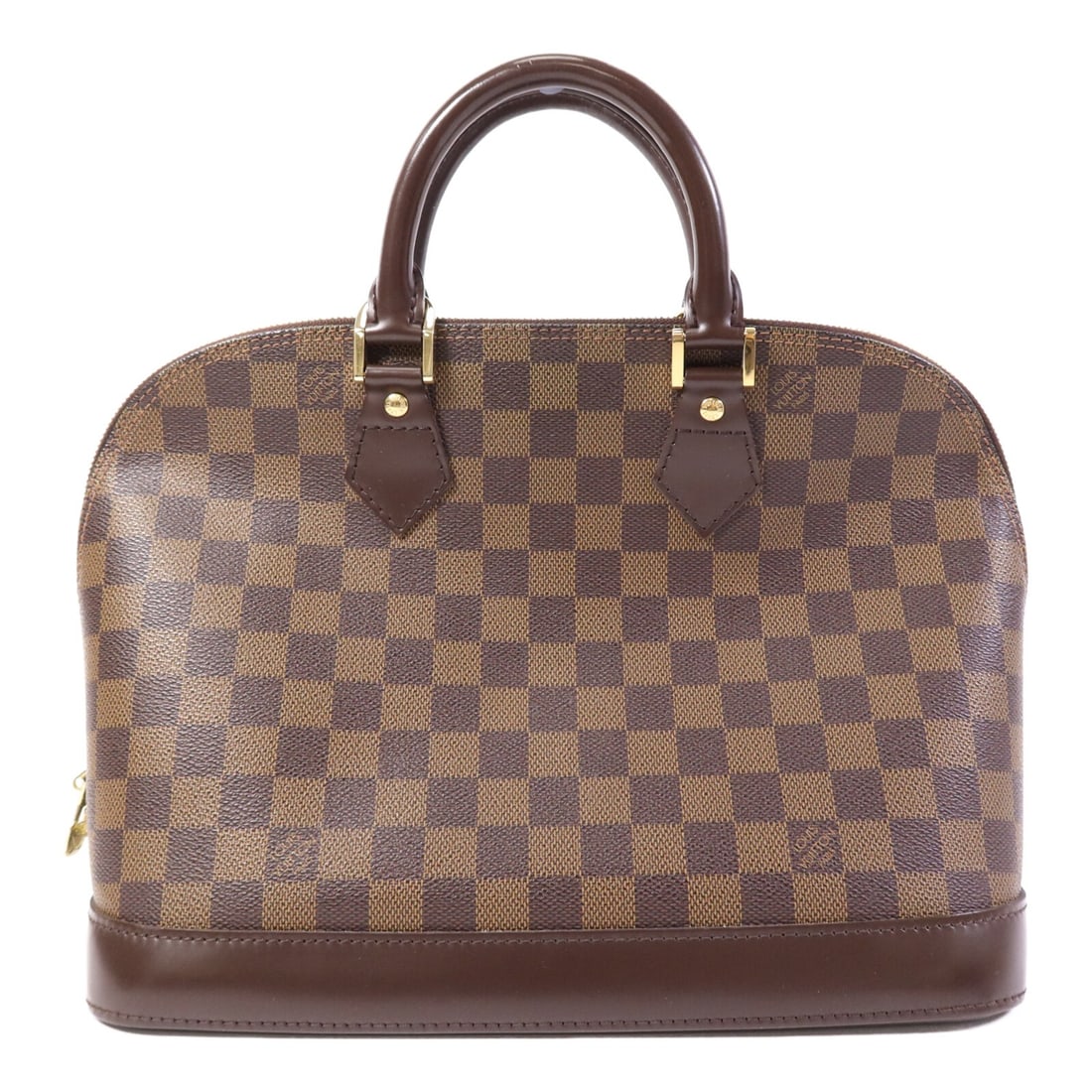 Louis Vuitton Alma Damier Brown Canvas Handbag with Gold Hardware: Louis Vuitton Alma Damier Brown Canvas Handbag with Gold Hardware This Louis Vuitton Alma handbag features a classic Damier pattern in brown with gold-tone hardware. Crafted from durable PVC coated ca