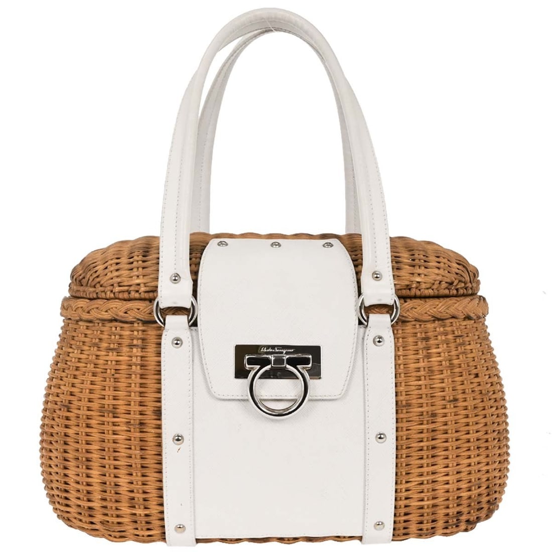 Salvatore Ferragamo White Rattan Gancini Top Handle Handbag: Salvatore Ferragamo White Rattan Gancini Top Handle Handbag Discover the elegance of the Salvatore Ferragamo White Rattan Gancini Handbag, a perfect accessory for casual occasions. This spacious top h