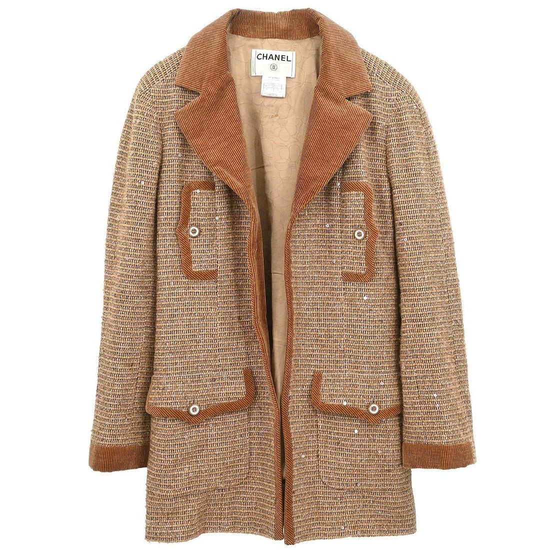 CHANEL Brown Tweed Women s Coat Jacket Size 44: CHANEL Brown Tweed Women s Coat Jacket Size 44 This Chanel mid-length tweed coat in brown offers a refined blend of style and comfort. Crafted from a premium mix of wool, nylon, and polyester, it feat