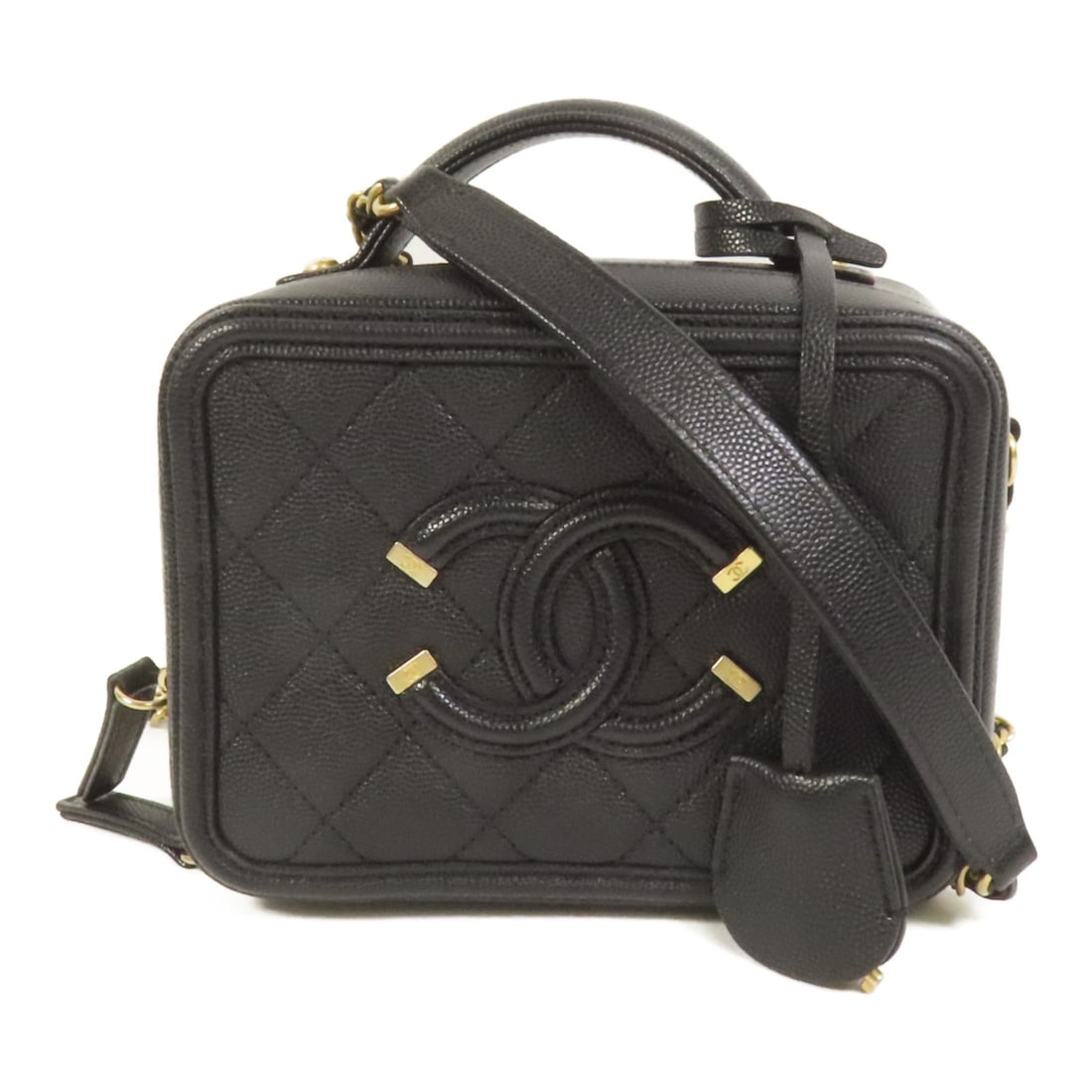 Chanel Black Calfskin Filigree Vanity Case Shoulder Bag with Gold Hardware: Chanel Black Calfskin Filigree Vanity Case Shoulder Bag with Gold Hardware This CHANEL CC Filigree Vanity Case features a versatile 2-way design, allowing it to be used as a shoulder bag. Crafted from