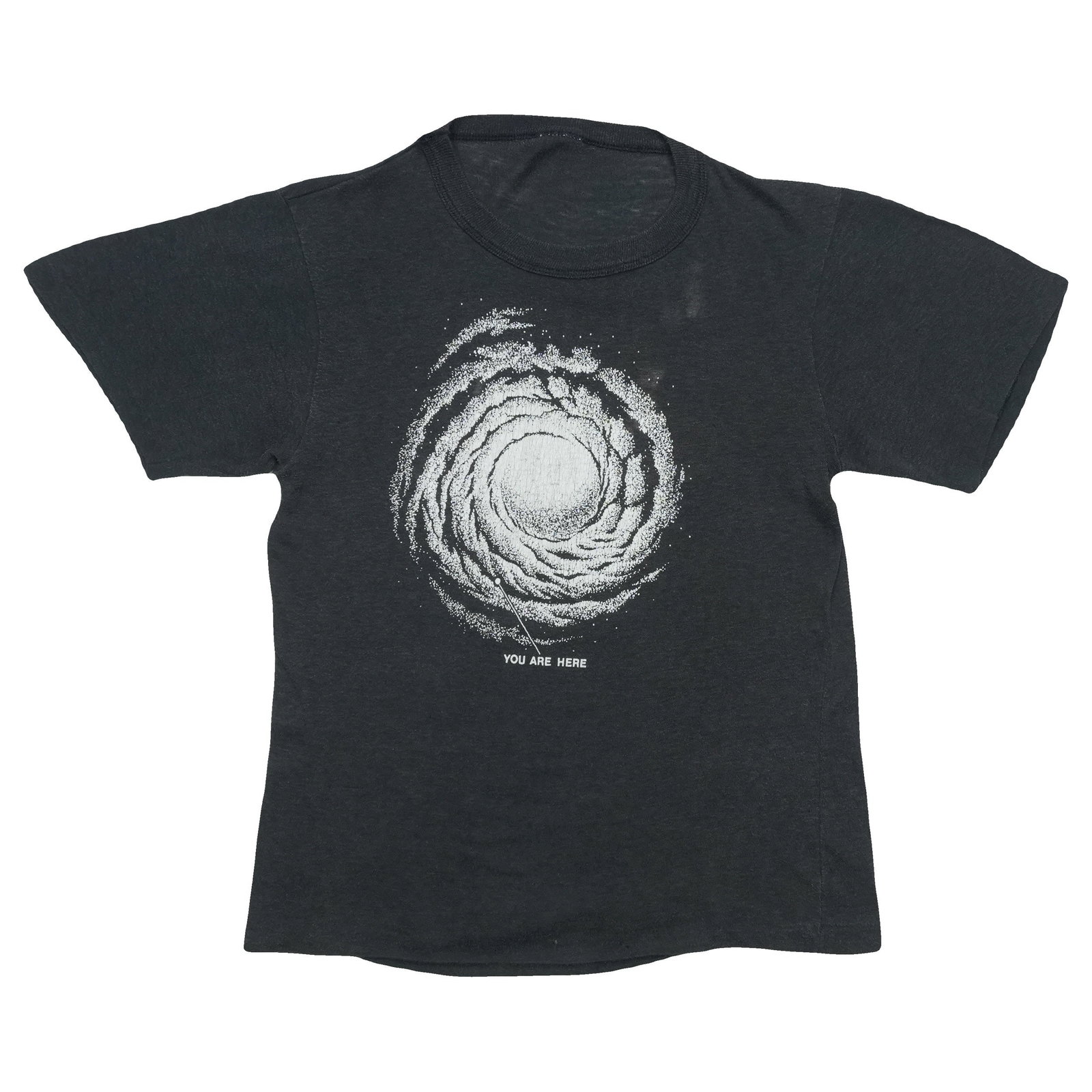 Vintage 1970s Black Cotton Galaxy You Are Here Graphic T Shirt: Vintage 1970s Black Cotton Galaxy You Are Here Graphic T Shirt This is an original vintage 1970s "Galaxy You Are Here" shirt. Made from 100% cotton, it features a black color and no back graphics. The