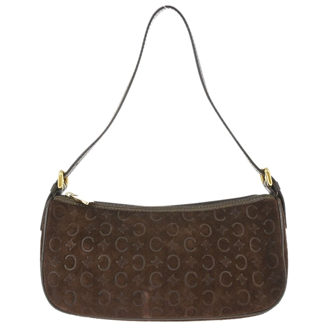 CELINE Macadam Brown Suede Top Handle Bag: CELINE Macadam Brown Suede Top Handle Bag This Celine Macadam handbag features a brown suede leather exterior with the iconic Macadam pattern and logo accents. Designed in a small size, it includes a 