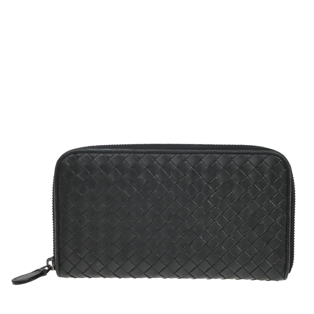 Black Leather Intrecciato Long Zip Wallet by Bottega Veneta: Black Leather Intrecciato Long Zip Wallet by Bottega Veneta This Bottega Veneta Intrecciato long zip wallet is crafted from black leather and features the brand's signature woven design. Designed for 