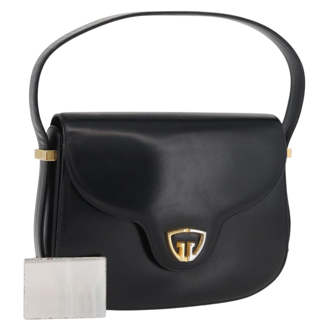 Gucci Black Leather Women's Handbag with Gold Accents and Mirror: Gucci Black Leather Women's Handbag with Gold Accents and Mirror This GUCCI handbag features a black leather exterior with gold-tone accents. Designed for women, it offers a structured silhouette with