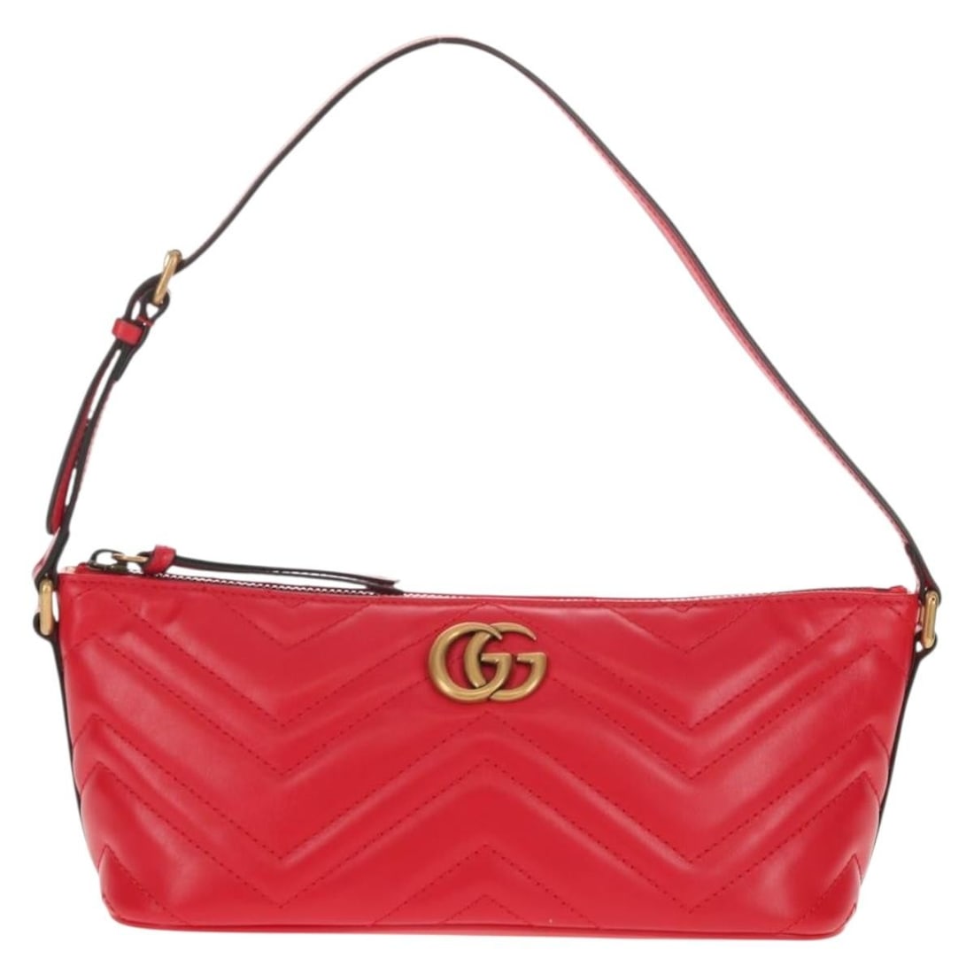 Red Leather Gucci GG Marmont Pochette Shoulder Bag 22cm by 10cm by 9cm: Red Leather Gucci GG Marmont Pochette Shoulder Bag 22cm by 10cm by 9cm This pre-owned Gucci GG Marmont Pochette Shoulder Bag for women features red leather with a matelasse texture. Designed in Italy,
