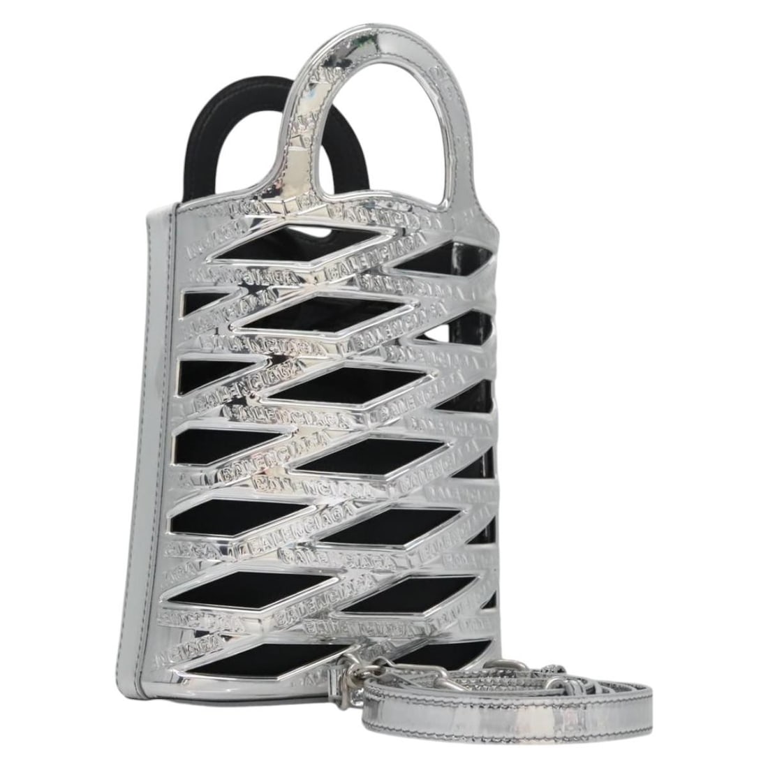 Balenciaga Silver Enamel Neophone Holder Women's Shoulder Bag with Dust Bag: Balenciaga Silver Enamel Neophone Holder Women's Shoulder Bag with Dust Bag This Balenciaga Neophone Holder shoulder bag features a sleek silver enamel exterior and is designed for women. Made in Ital