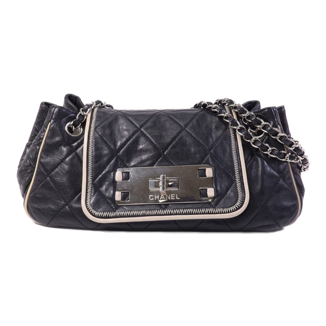 Chanel Accordion Flap Black Calfskin Leather Shoulder Bag with Silver Chain (1 of 18)