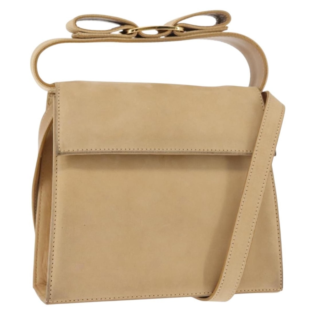 Beige Suede Vala Handbag by Salvatore Ferragamo 16cm x 14cm x 6cm: Beige Suede Vala Handbag by Salvatore Ferragamo 16cm x 14cm x 6cm This pre-owned Salvatore Ferragamo Vala handbag is crafted from beige suede and designed for women. It features a compact silhouette a