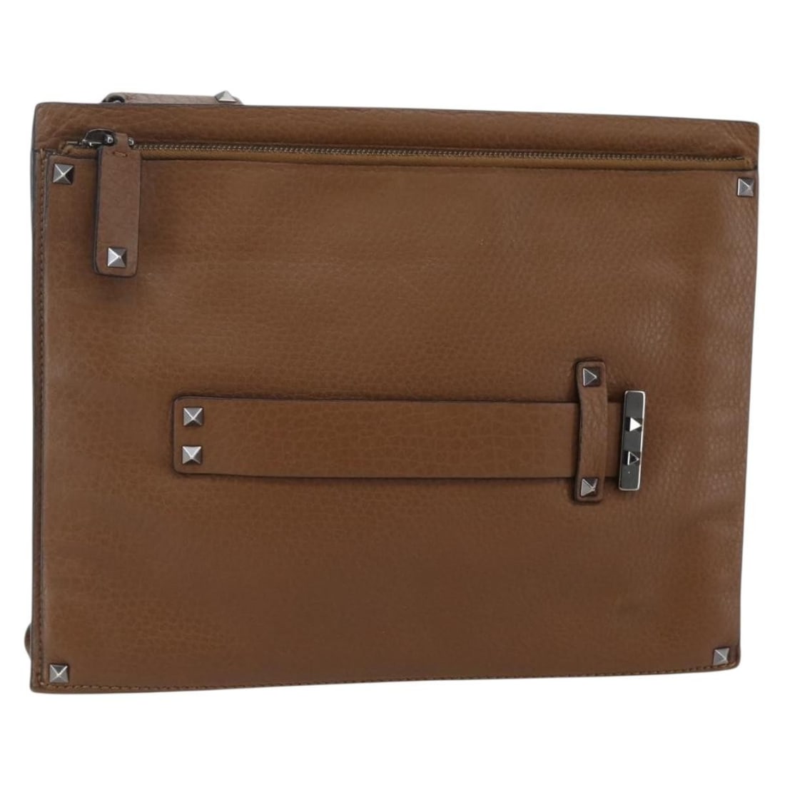 VALENTINO Leather Clutch Bag Brown Silver Made in Italy: VALENTINO Leather Clutch Bag Brown Silver Made in Italy Introducing a sophisticated VALENTINO clutch bag, crafted in Italy from premium leather in a rich brown hue accented with silver details. This e