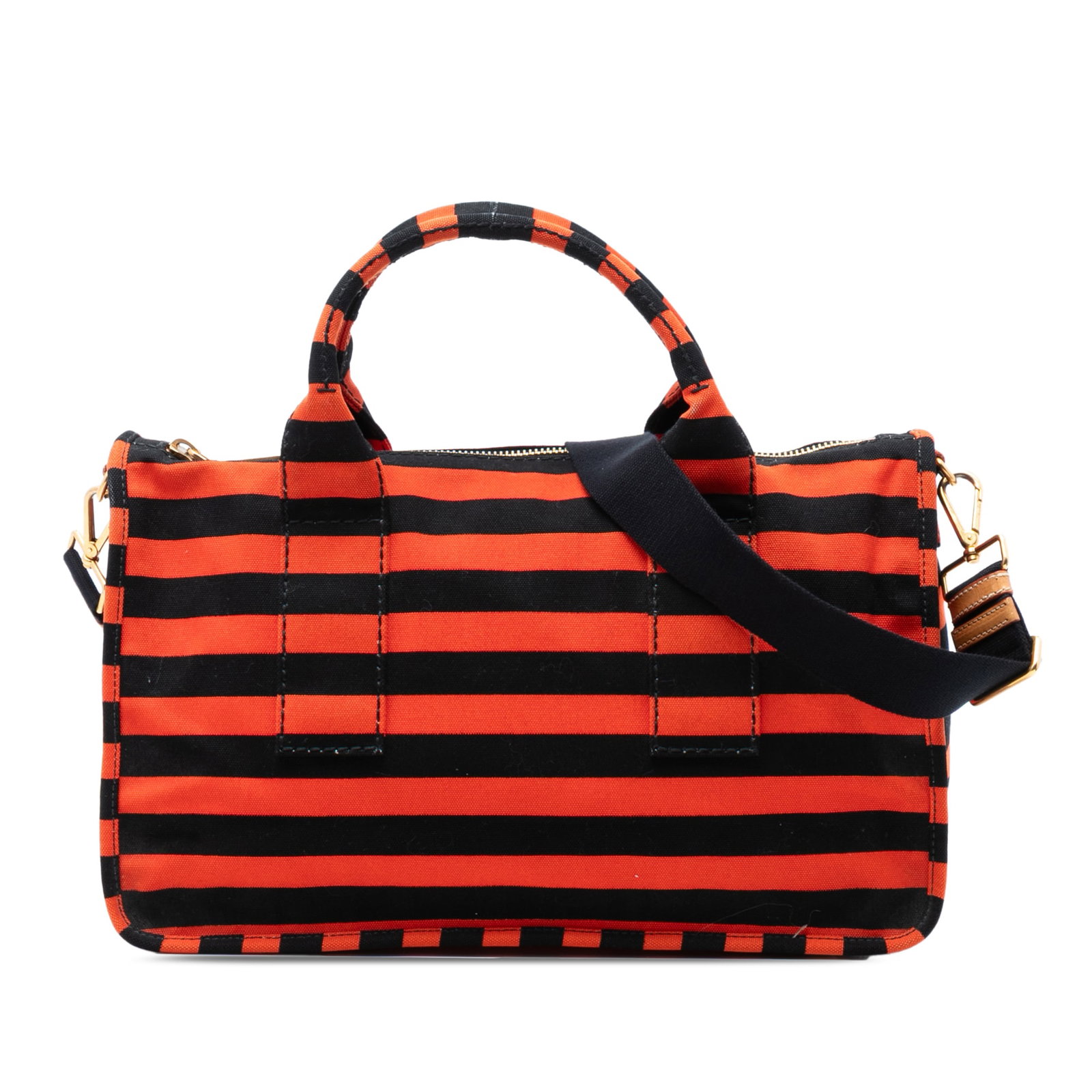 Prada red striped canvas satchel with detachable strap: Prada red striped canvas satchel with detachable strap This Prada Large Canvas Canapa Righe Striped Satchel showcases a vibrant red striped canvas body with flat top handles and a detachable flat stra