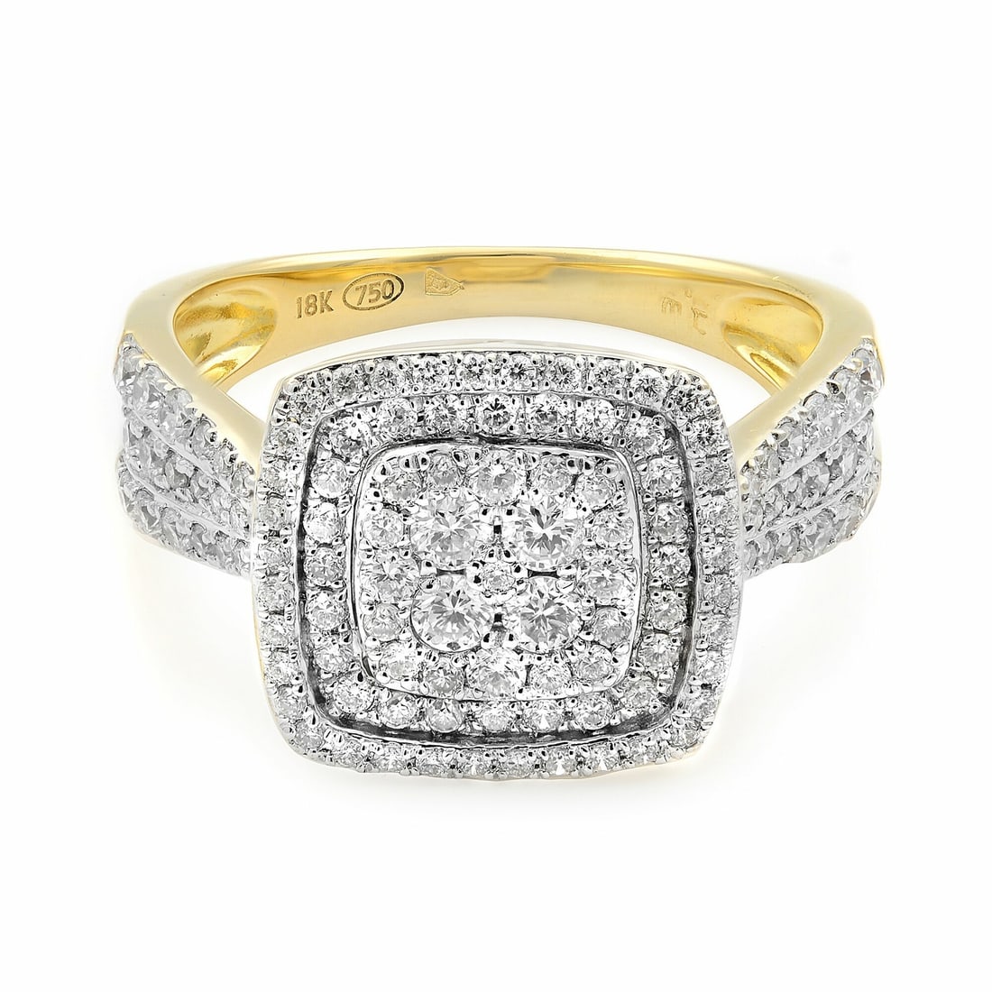 Rachel Koen 18K Yellow Gold Multi-Diamond Halo Engagement Ring 0.95 Cttw Size 7: Rachel Koen 18K Yellow Gold Multi-Diamond Halo Engagement Ring 0.95 Cttw Size 7 This stunning engagement ring features a multi-diamond halo design crafted in luxurious 18K yellow gold. The ring showca