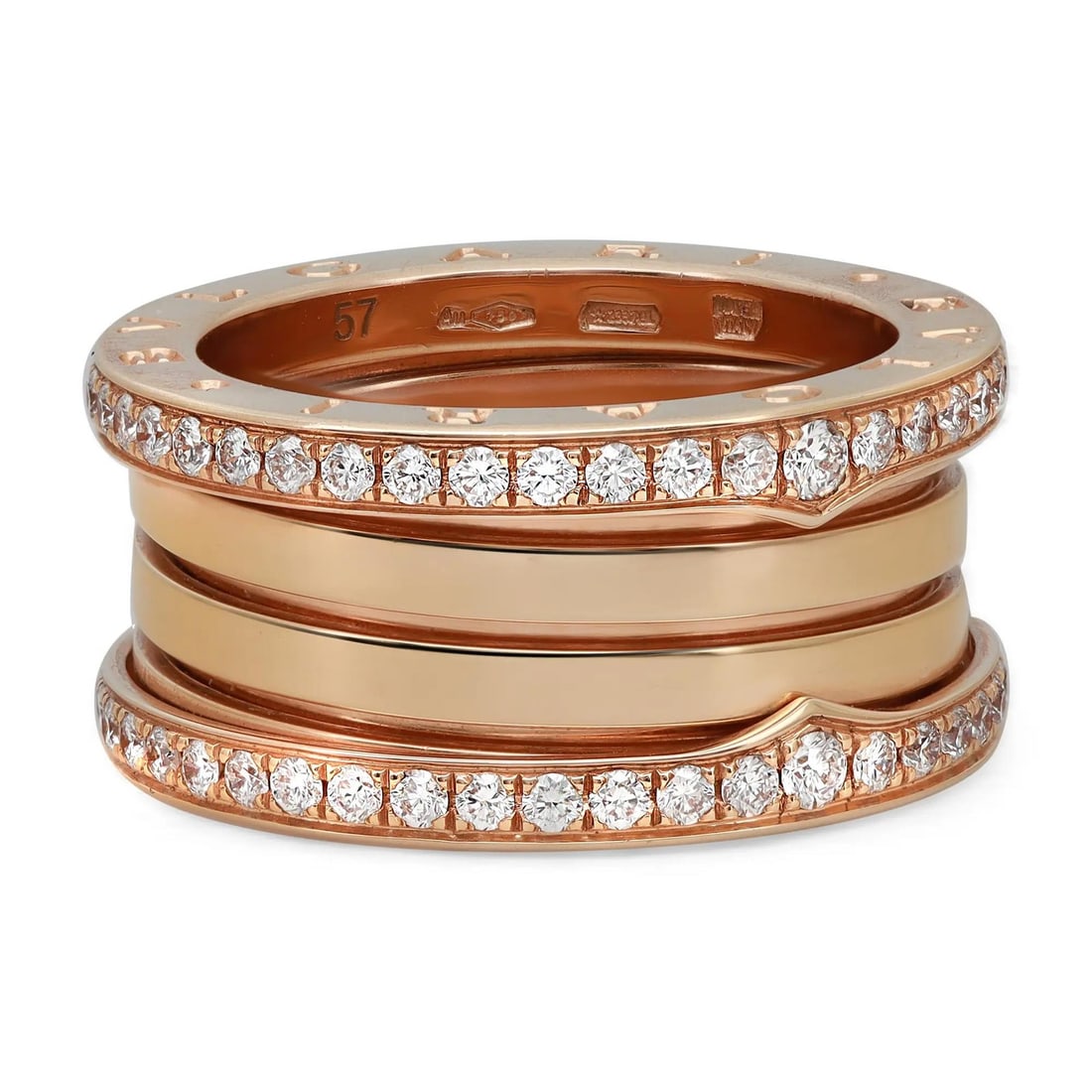 Bvlgari B.Zero1 18K Rose Gold Diamond Band Ring 1.21ct Size 8: Bvlgari B.Zero1 18K Rose Gold Diamond Band Ring 1.21ct Size 8 Experience luxury with this stunning Bvlgari B.Zero1 Diamond Band Ring, expertly crafted from 18K rose gold. The ring showcases a unique f