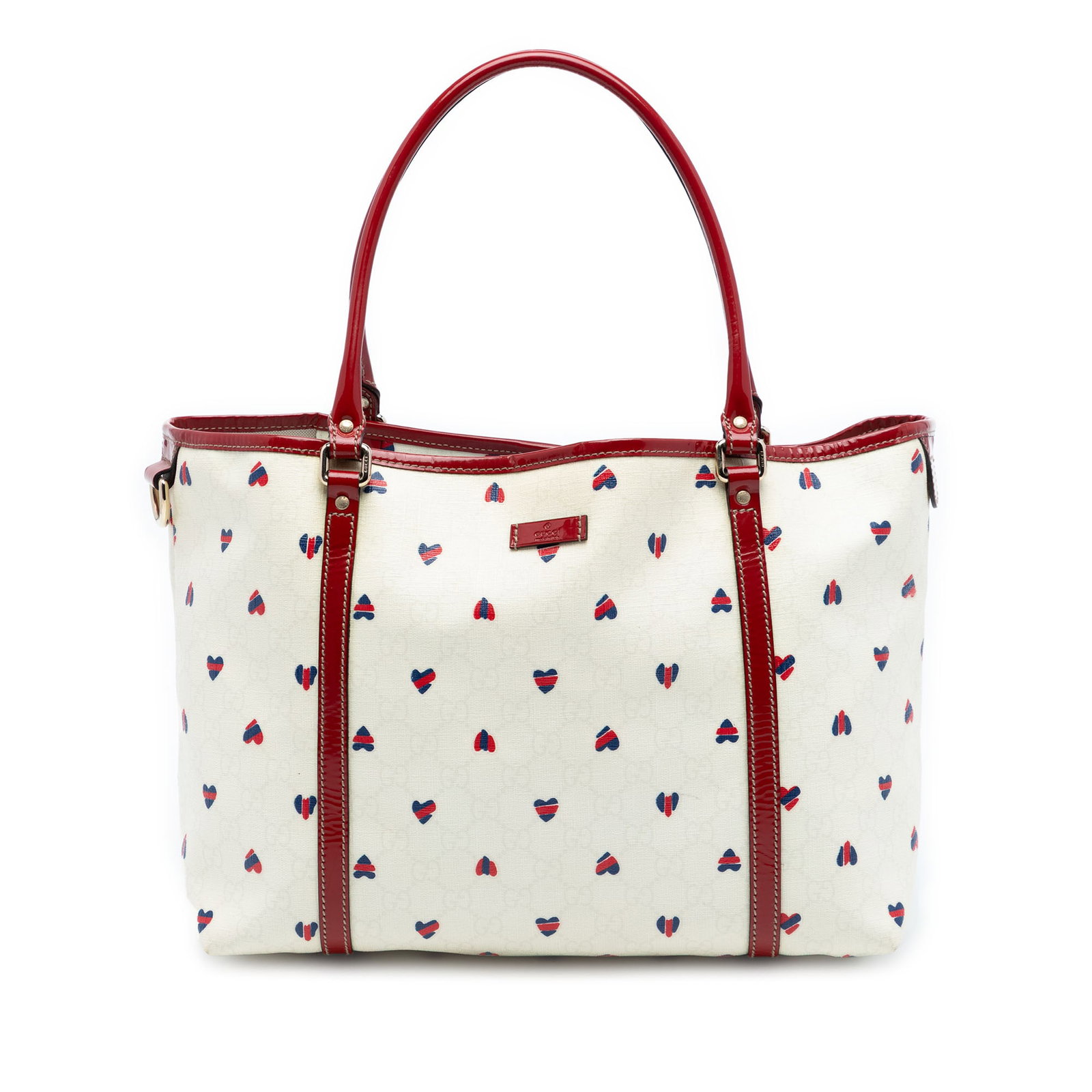 Gucci GG Supreme Hearts Joy Tote Medium White Canvas: Gucci GG Supreme Hearts Joy Tote Medium White Canvas This Gucci Medium GG Supreme Hearts Joy Tote is crafted from printed coated canvas with patent leather trim and features rolled leather straps. The