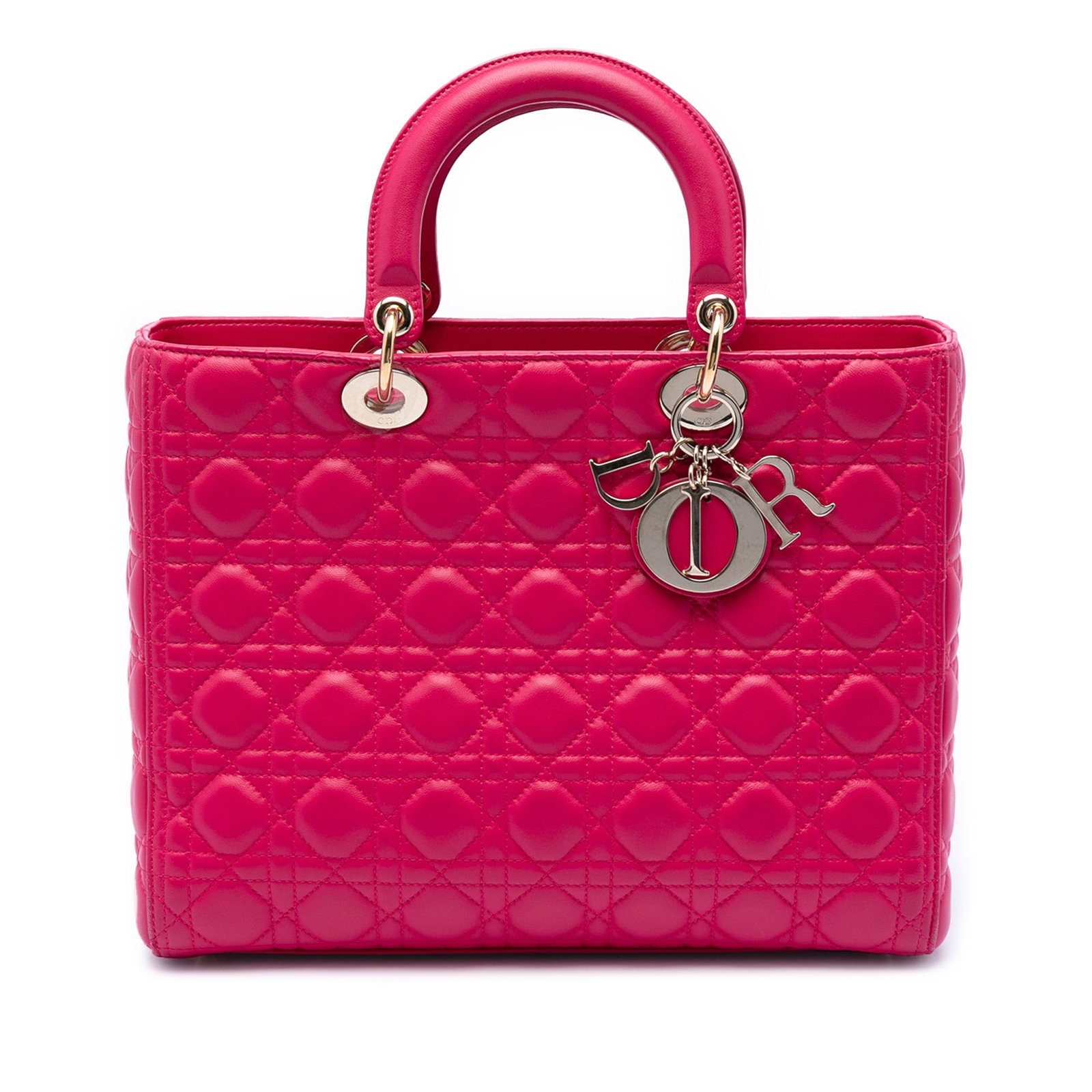 Dior Lady Cannage Large Pink Lambskin Bag: Dior Lady Cannage Large Pink Lambskin Bag This Lady Dior bag features a quilted lambskin leather body in pink, complemented by flat leather top handles and a top zip closure. The interior includes a z