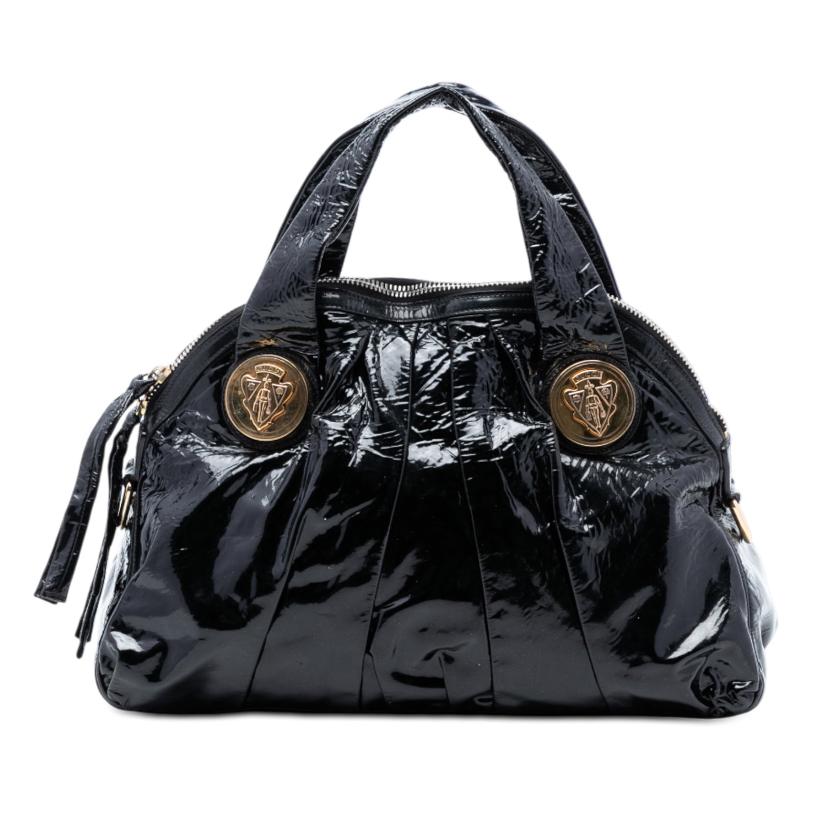 Black Patent Leather Hysteria Satchel by Gucci with Gold Hardware: Black Patent Leather Hysteria Satchel by Gucci with Gold Hardware This Gucci Large Patent Hysteria Satchel showcases a black patent leather body with flat leather handles and gold-tone hardware. It fe