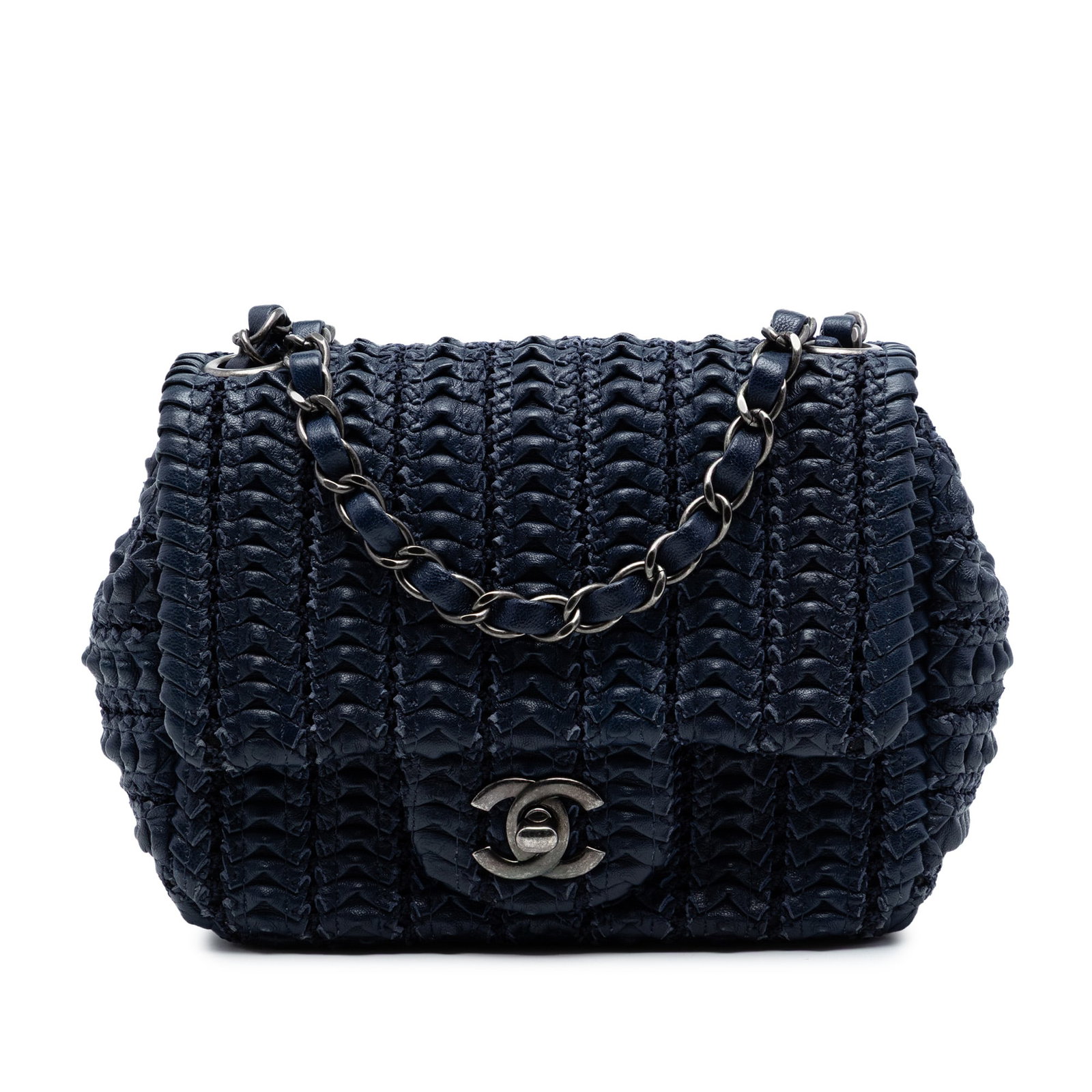 Chanel blue lambskin flap bag Paris Seoul Mini Crochet: Chanel blue lambskin flap bag Paris Seoul Mini Crochet This Chanel Paris Seoul Mini Crochet Lambskin Single Flap bag is crafted from blue lambskin leather and features a leather-woven chain link shoul