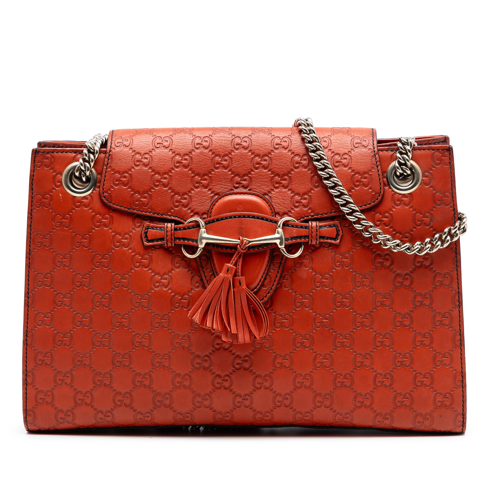 Gucci Emily orange embossed leather shoulder bag: Gucci Emily orange embossed leather shoulder bag This Gucci Large Guccissima Emily Shoulder Bag is crafted from embossed leather in a striking orange hue. The bag features chain straps with flat leath