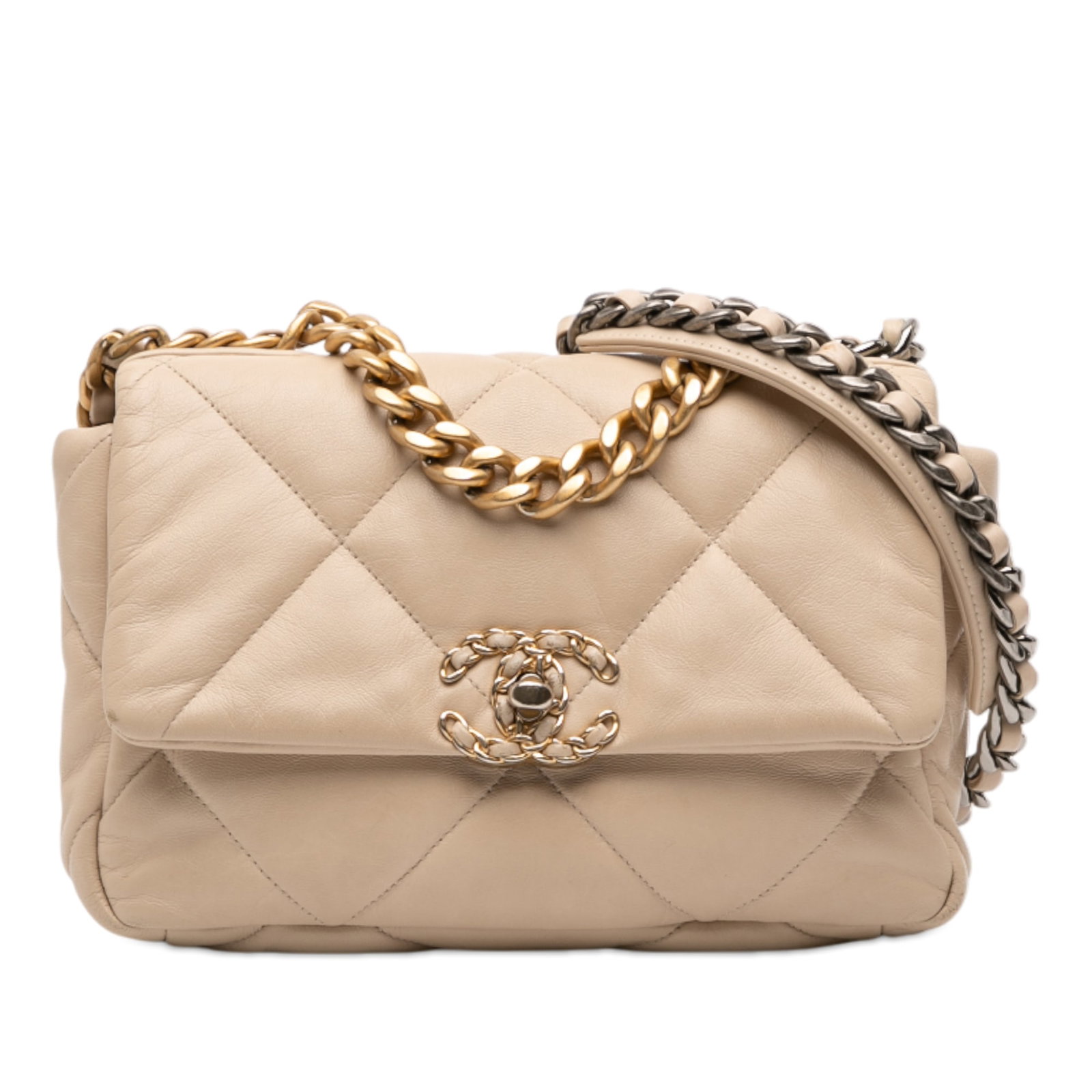 Chanel 19 Medium Brown Quilted Lambskin Flap Shoulder Bag with Chain Strap: Chanel 19 Medium Brown Quilted Lambskin Flap Shoulder Bag with Chain Strap This Chanel Medium 19 Flap bag is crafted from quilted brown lambskin leather and features a chain handle, a leather-woven ch