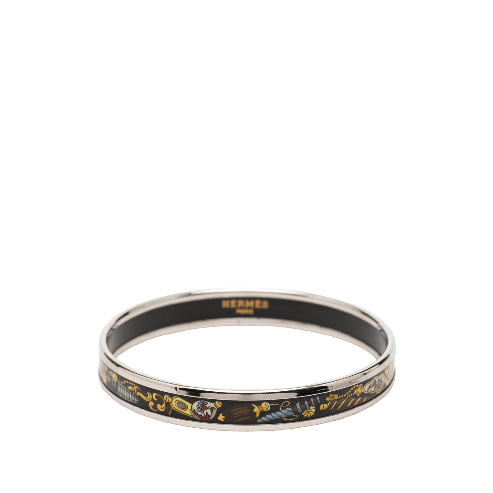 Hermes Qu Importe Le Flacon Narrow Enamel Bangle 62: Hermes Qu Importe Le Flacon Narrow Enamel Bangle 62 This Hermes Narrow Qu Importe Le Flacon bangle features a black enamel design with silver-tone metal accents. Made in Austria, it is classified as a