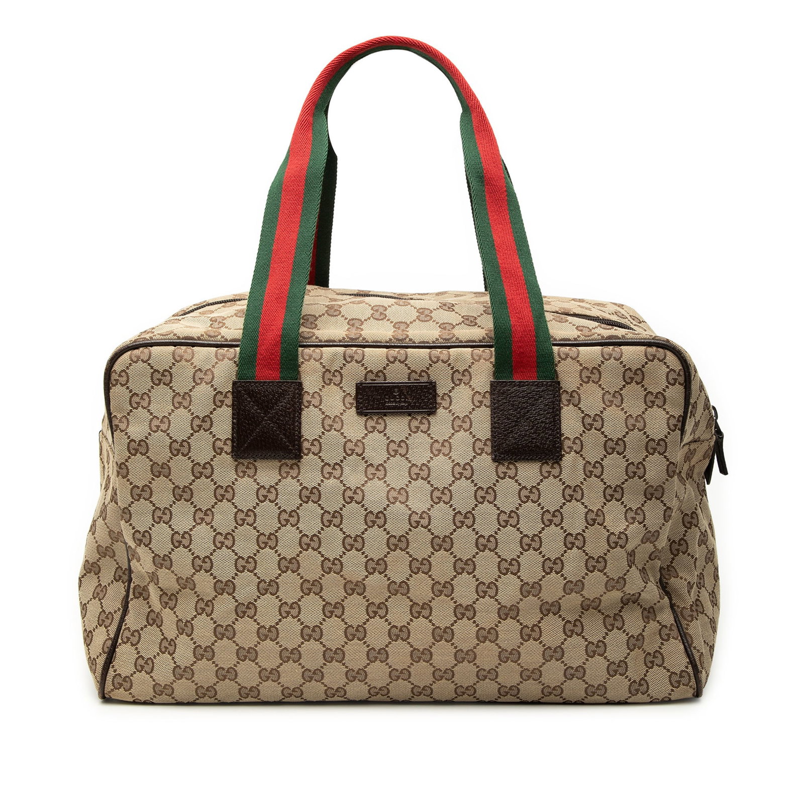Gucci canvas travel duffle with web straps: Gucci canvas travel duffle with web straps This Gucci GG Canvas Web Duffle Bag is crafted from durable canvas with leather trim and features flat canvas web straps, a top zip closure, and an interior 