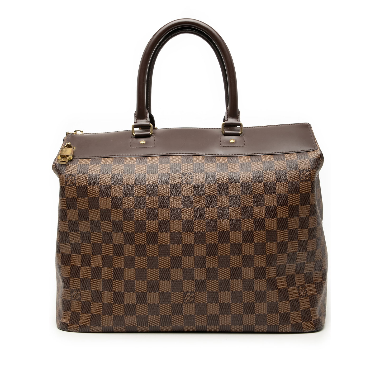 Damier Ebene Greenwich PM Brown Canvas Handbag with Leather Trim: Damier Ebene Greenwich PM Brown Canvas Handbag with Leather Trim The Louis Vuitton Damier Ebene Greenwich PM features a brown damier canvas body with leather trim, rolled leather handles, a top zip cl