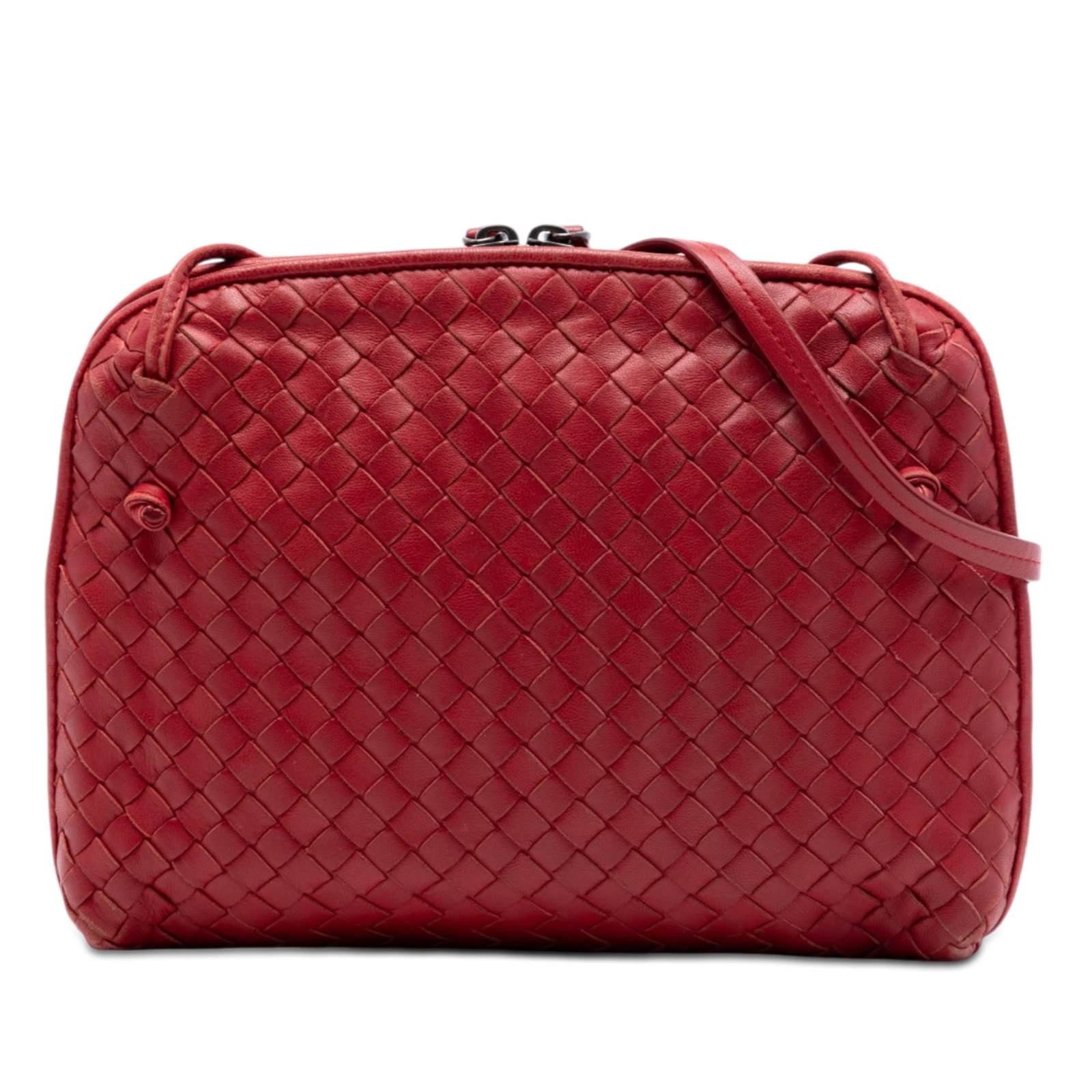Bottega Veneta Nodini Red Leather Crossbody Bag: Bottega Veneta Nodini Red Leather Crossbody Bag This Bottega Veneta Nappa Intrecciato Nodini Crossbody bag features the brand's signature woven leather design in a striking red color. It is designed w