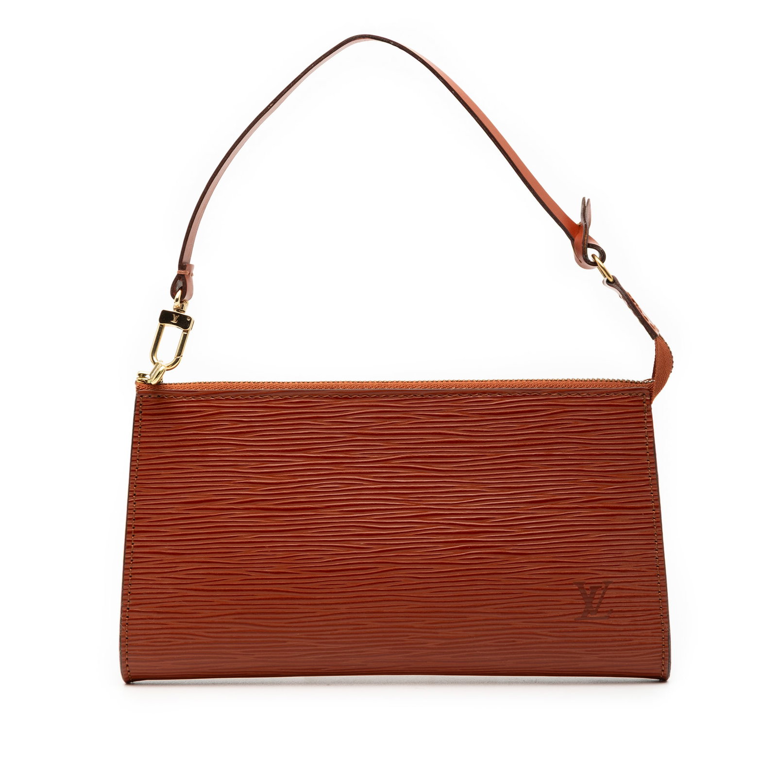 Louis Vuitton Epi Leather Pochette Accessoires Shoulder Bag Brown France: Louis Vuitton Epi Leather Pochette Accessoires Shoulder Bag Brown France This Louis Vuitton Epi Pochette Accessoires features a textured epi leather exterior in brown, a flat shoulder strap, and a top