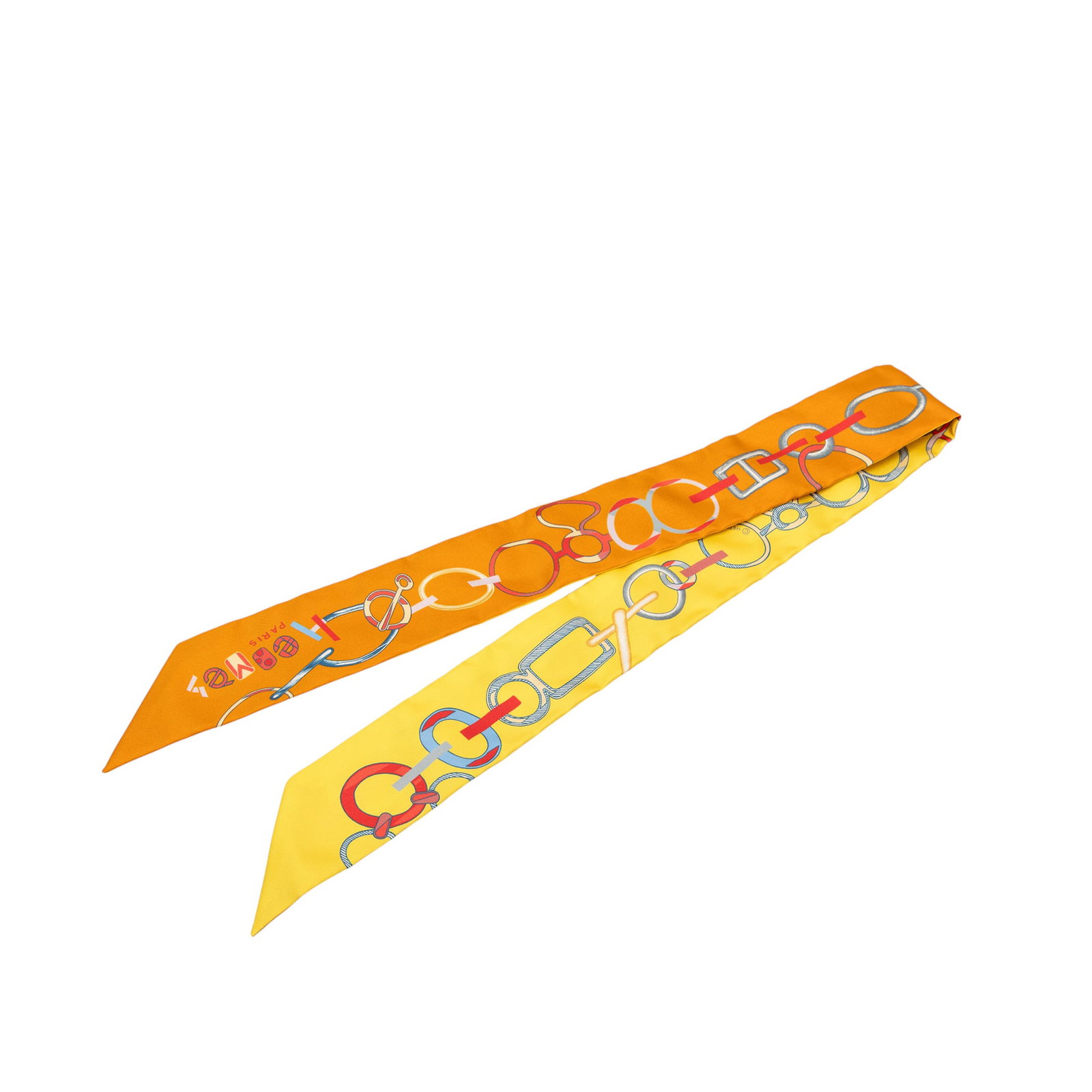 Hermes Do Re Boucles orange silk Twilly accessory from France: Hermes Do Re Boucles orange silk Twilly accessory from France The Hermes Do Re Boucles Twilly Scarf showcases the signature Do Re Boucles print crafted from 100% silk in a vibrant orange color. Made i