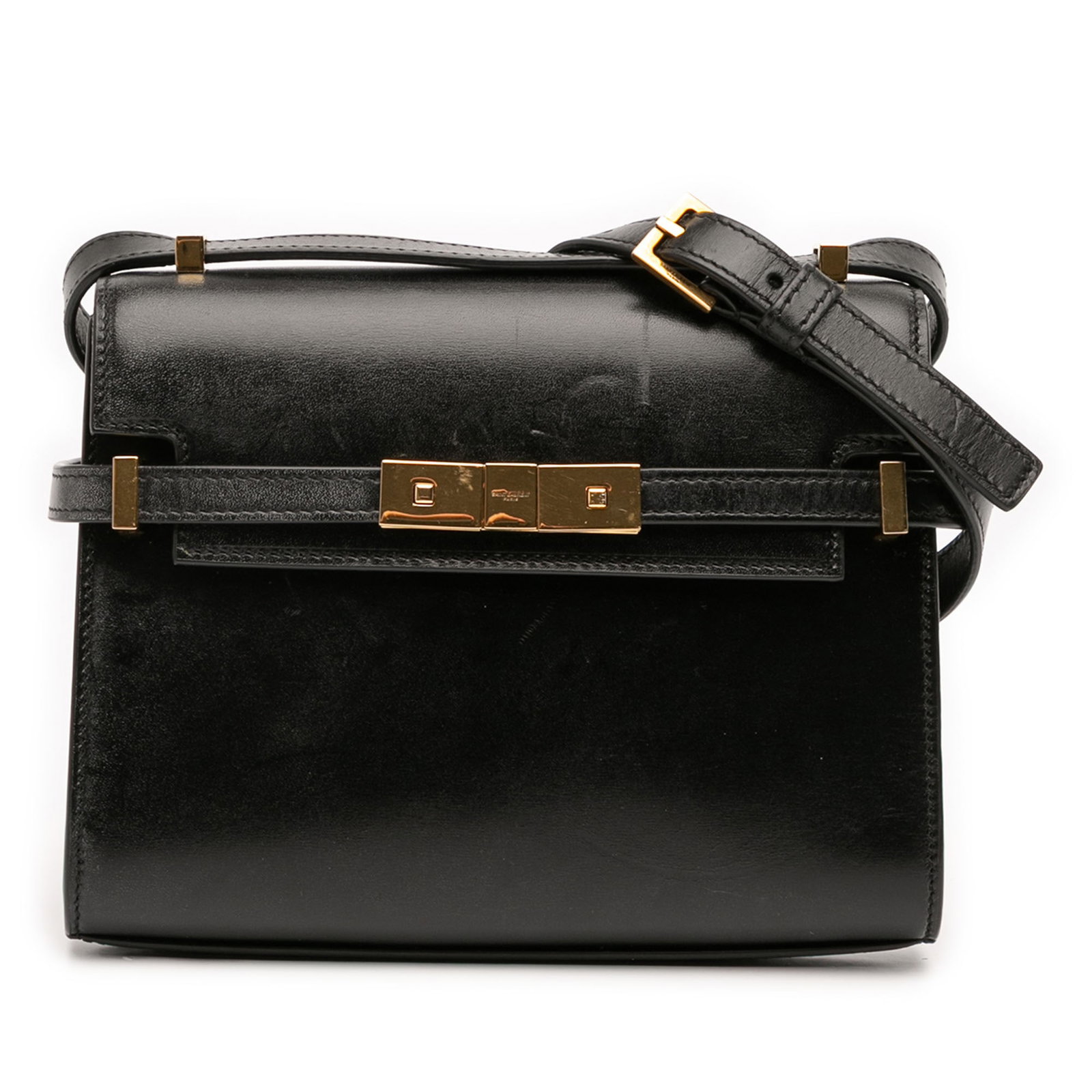 Mini Box Calfskin Manhattan Black Leather Shoulder Bag by Saint Laurent: Mini Box Calfskin Manhattan Black Leather Shoulder Bag by Saint Laurent This Saint Laurent Mini Box Calfskin Manhattan Shoulder Bag features a sleek leather body in black, a detachable flat leather st