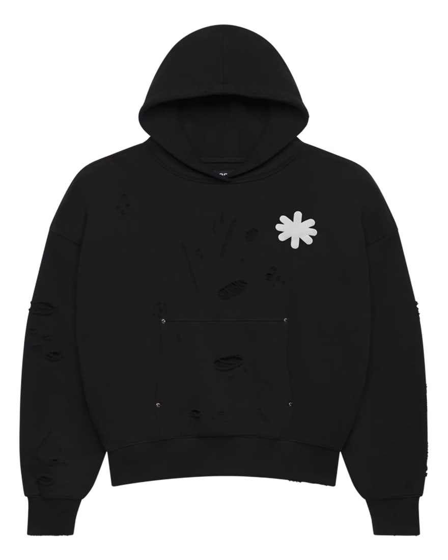 Double Layer Black Hoodie with White Embroidered Logo by Lost Shdws: Double Layer Black Hoodie with White Embroidered Logo by Lost Shdws This black hoodie features a double-layer design with a white embroidered logo. Constructed from 100% cotton, each piece is hand-dis