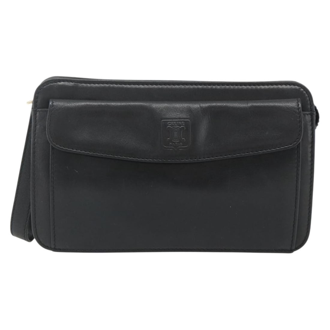 Celine black leather clutch bag: Celine black leather clutch bag This Celine clutch bag is crafted from black leather and designed for unisex use. Made in Italy, it features a sleek silhouette and compact dimensions, making it ideal 