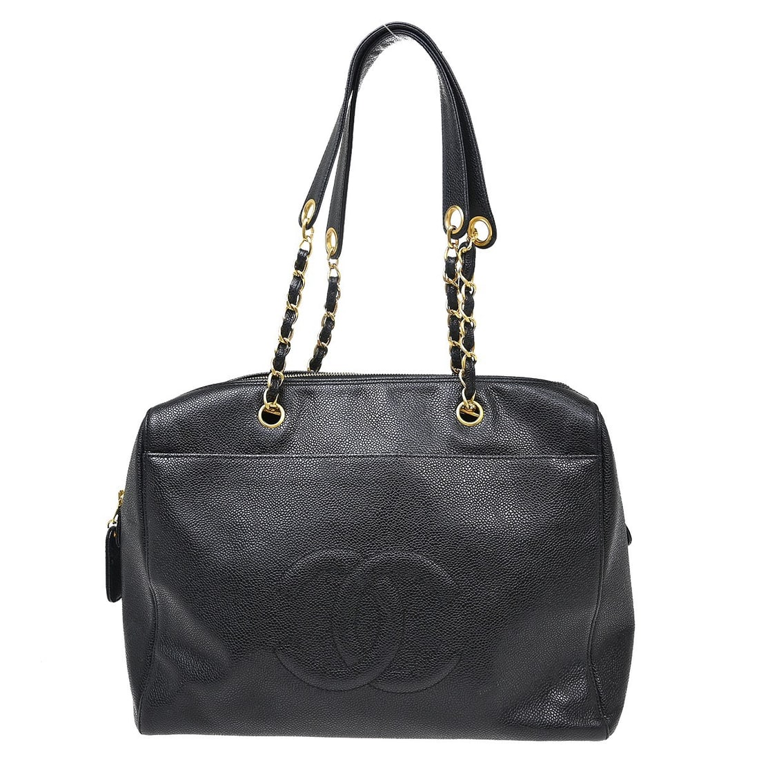 CHANEL Black Caviar Skin Leather Tote with Double Handles: CHANEL Black Caviar Skin Leather Tote with Double Handles This Chanel Black Calfskin CC Chain Tote Bag features a medium-sized silhouette crafted from durable caviar skin leather. Designed with double