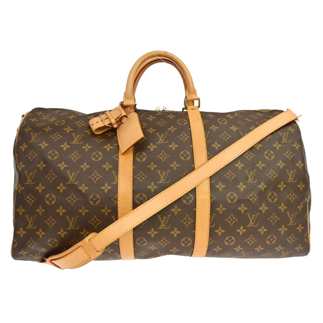 Louis Vuitton Monogram Keepall Bandouliere 55 Duffle Bag: Louis Vuitton Monogram Keepall Bandouliere 55 Duffle Bag This is a vintage Louis Vuitton Keepall Bandouliere 55 travel bag, crafted from signature monogram canvas with beige leather double handles and