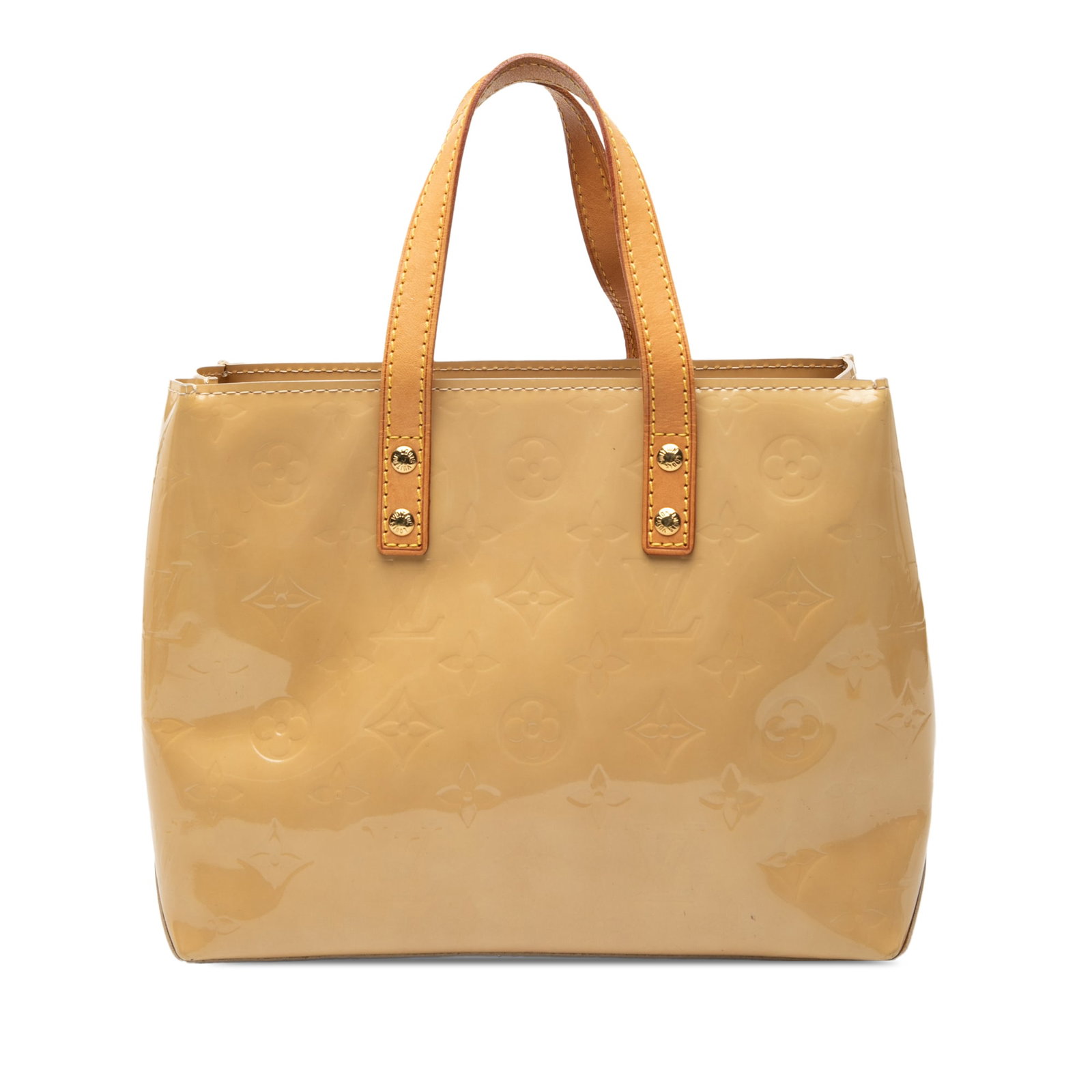 Louis Vuitton Reade PM Monogram Vernis Beige Leather Tote: Louis Vuitton Reade PM Monogram Vernis Beige Leather Tote This Louis Vuitton Monogram Vernis Reade PM features a vernis leather body in beige with flat vachetta leather handles. The bag has an open to