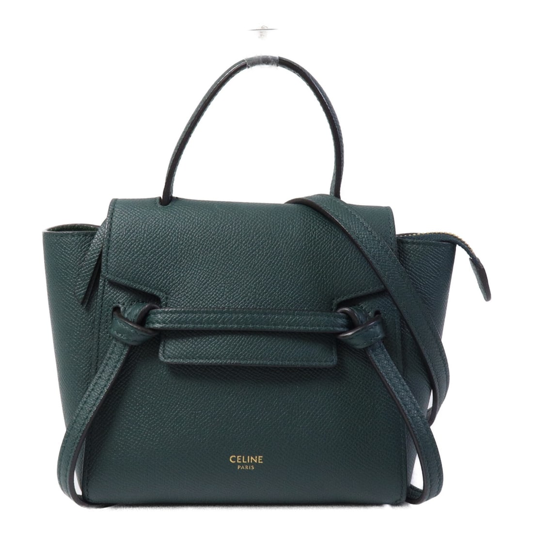 CELINE GHW Belt Bag Green Calfskin 2Way Shoulder: CELINE GHW Belt Bag Green Calfskin 2Way Shoulder This CELINE 2-way shoulder bag features a classic micro belt design crafted from luxurious green calfskin leather. Made in France, it offers versatile 