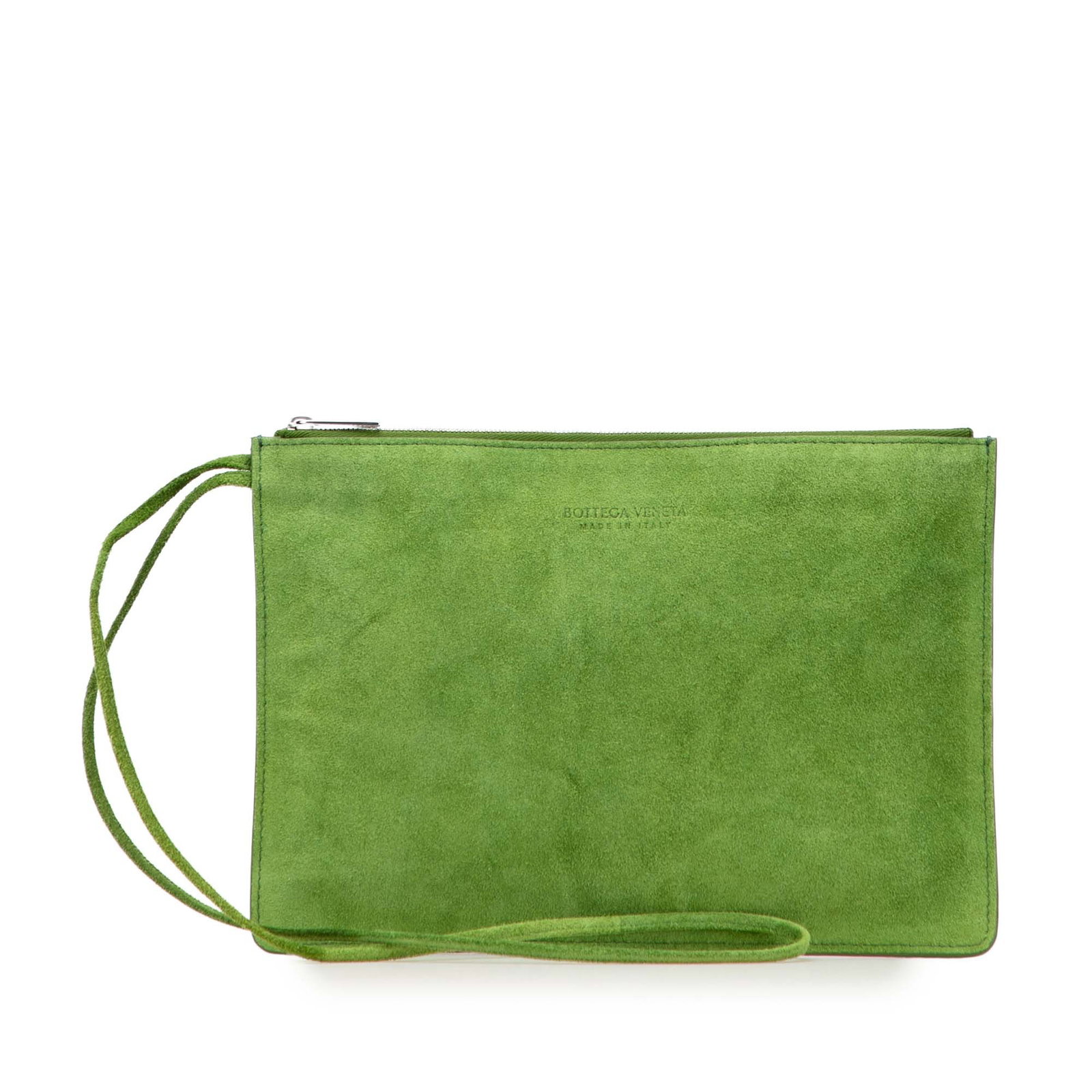 Green Suede Leather Clutch with Wrist Strap by Bottega Veneta: Green Suede Leather Clutch with Wrist Strap by Bottega Veneta This Bottega Veneta clutch features a green suede body, a flat wrist strap, and a top zip closure. Made in Italy, this leather clutch is d