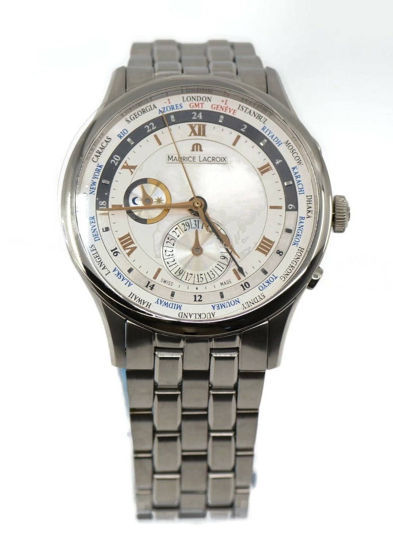 Maurice Lacroix Masterpiece Worldtimer MP6008 Stainless Steel Automatic Watch: Maurice Lacroix Masterpiece Worldtimer MP6008 Stainless Steel Automatic Watch Discover the elegance of the Maurice Lacroix Masterpiece Worldtimer, a sophisticated wristwatch designed for the discernin