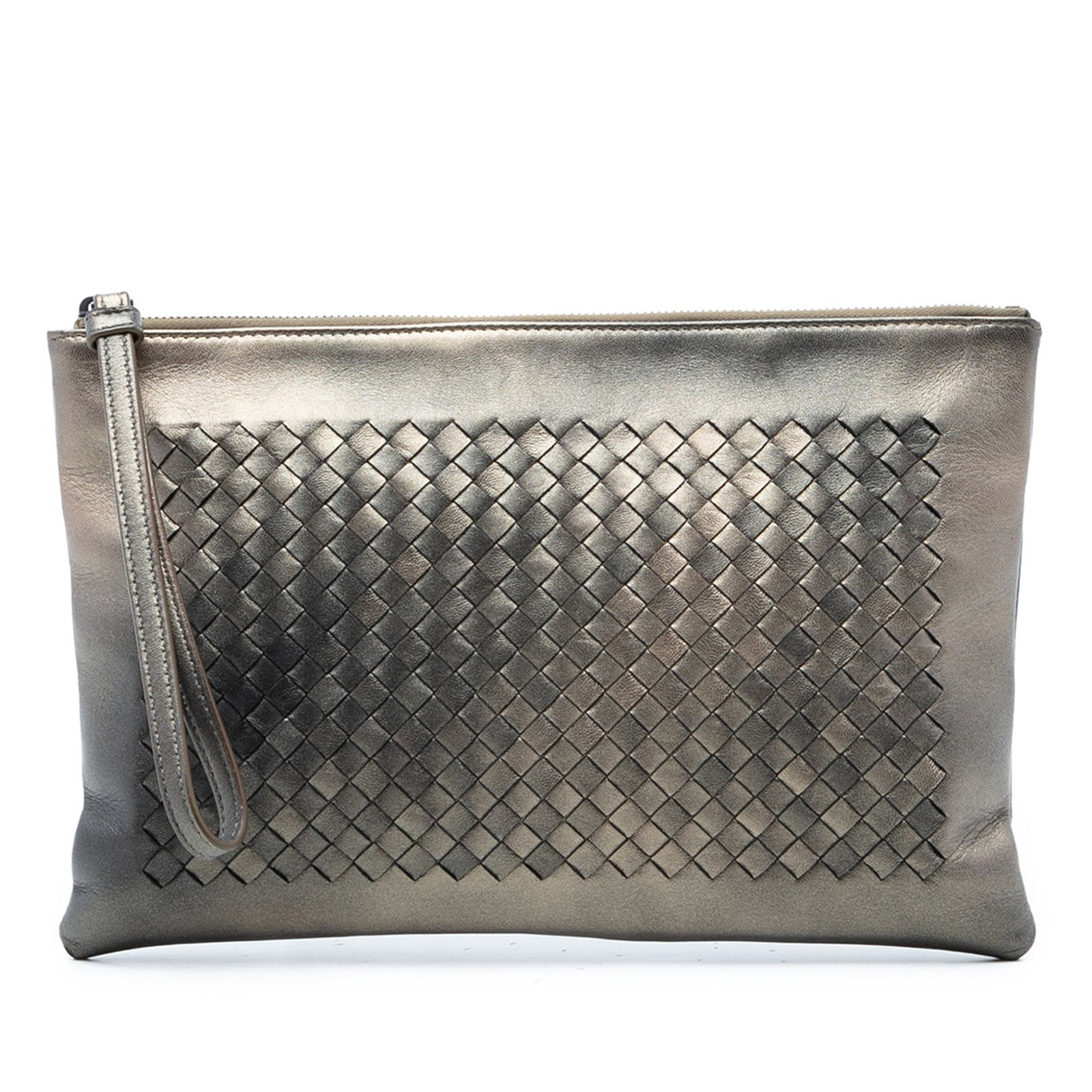 Bottega Veneta woven leather wristlet clutch: Bottega Veneta woven leather wristlet clutch This Bottega Veneta Nappa Intrecciato Wristlet Clutch features the brand's iconic woven leather design in brown, complemented by a flat leather wrist strap