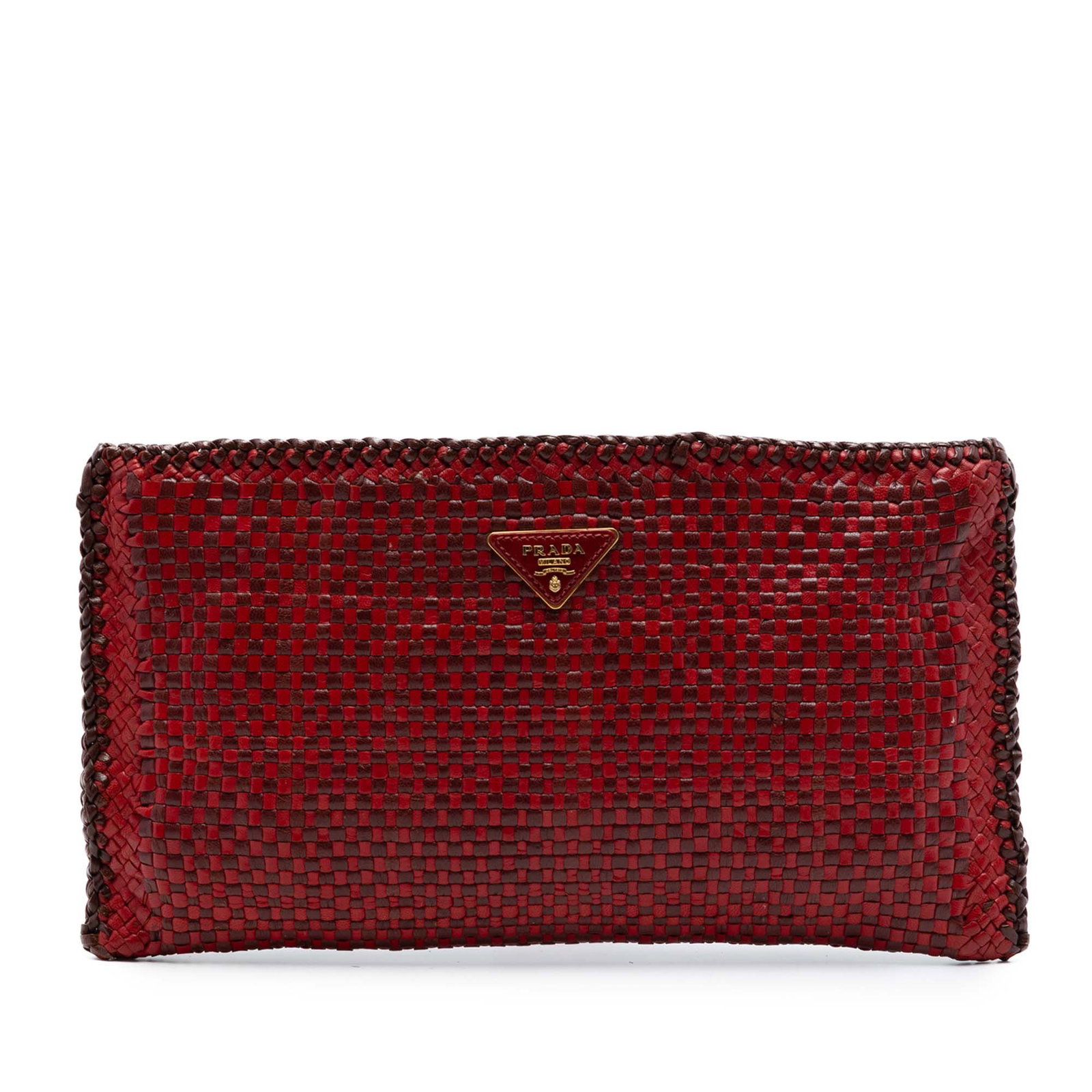 Prada red goatskin woven zip clutch: Prada red goatskin woven zip clutch This Prada Woven Goatskin Madras Zip Clutch is crafted from woven goatskin leather in a striking red color. It features a top zip closure and includes both interior