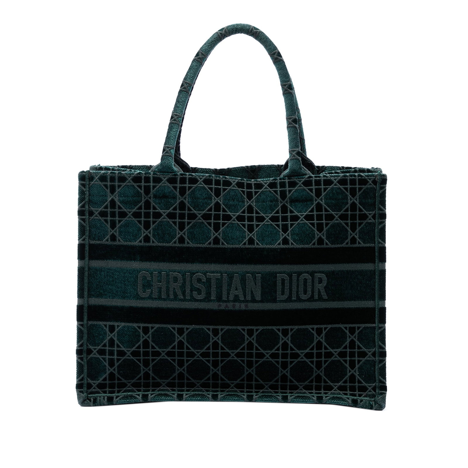 Dior Green Velvet Cannage Book Tote Medium: Dior Green Velvet Cannage Book Tote Medium This Dior Medium Embroidered Velvet Cannage Book Tote features a velvet body with signature Cannage embroidery, rolled top handles, and an open top design. T
