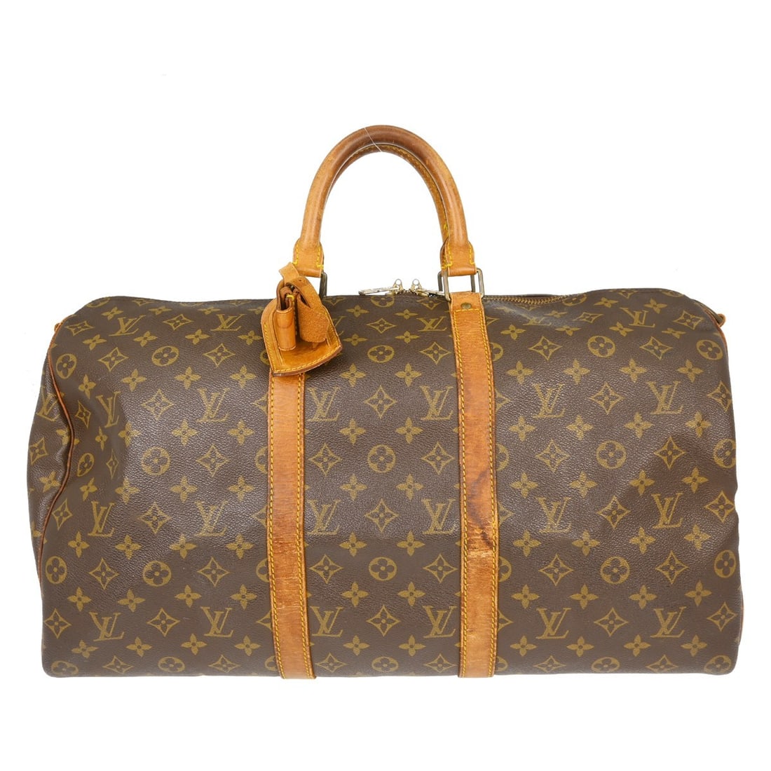 Louis Vuitton Keepall Bandouliere 50 Monogram Canvas Handbag: Louis Vuitton Keepall Bandouliere 50 Monogram Canvas Handbag This Louis Vuitton Keepall Bandouliere 50 handbag features the iconic monogram canvas exterior with beige leather double handles and gold-p