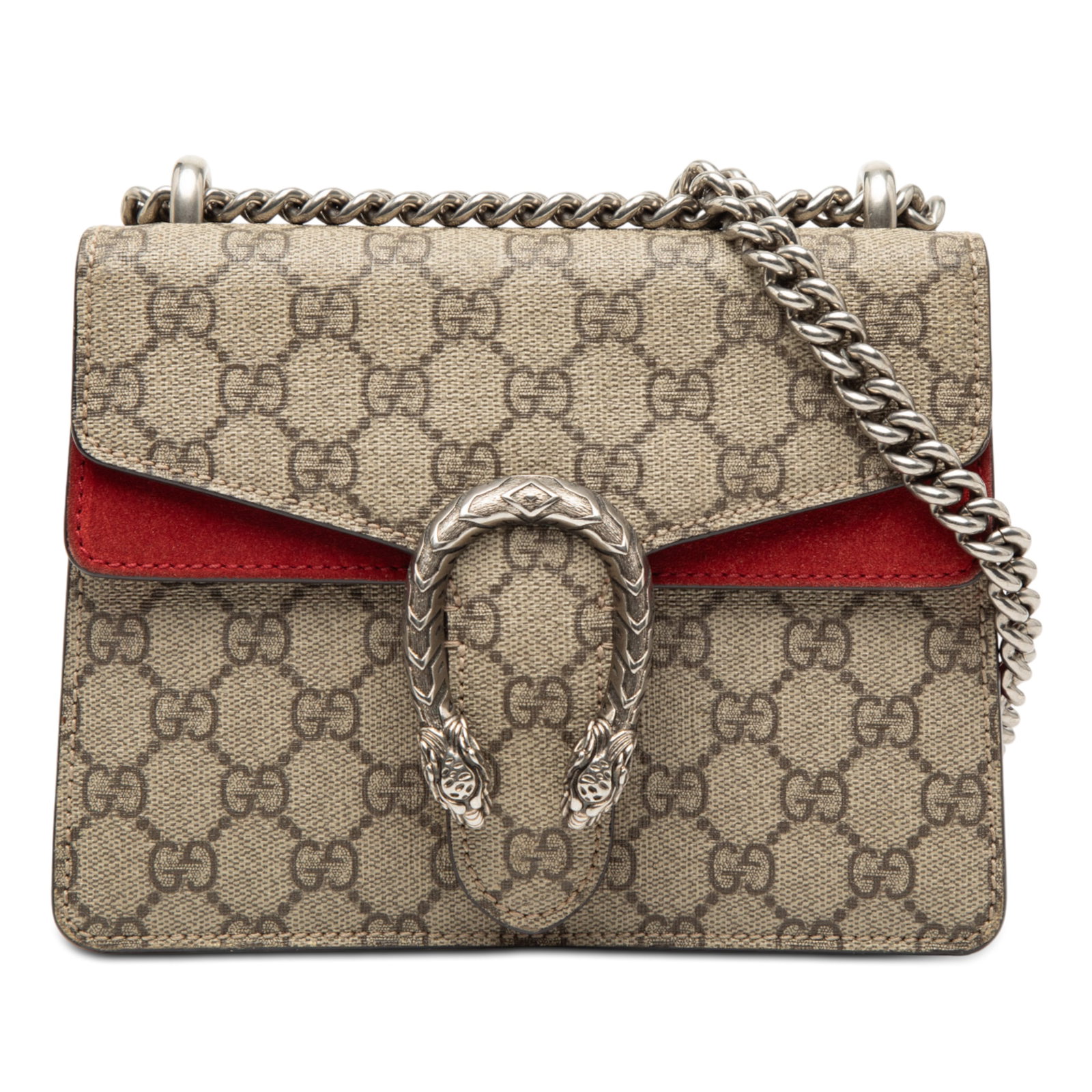 Gucci Dionysus Small GG Supreme Beige Crossbody Bag with Chain Strap: Gucci Dionysus Small GG Supreme Beige Crossbody Bag with Chain Strap This Gucci Small GG Supreme Dionysus crossbody bag features a coated canvas body with suede leather trim, a silver-tone chain strap
