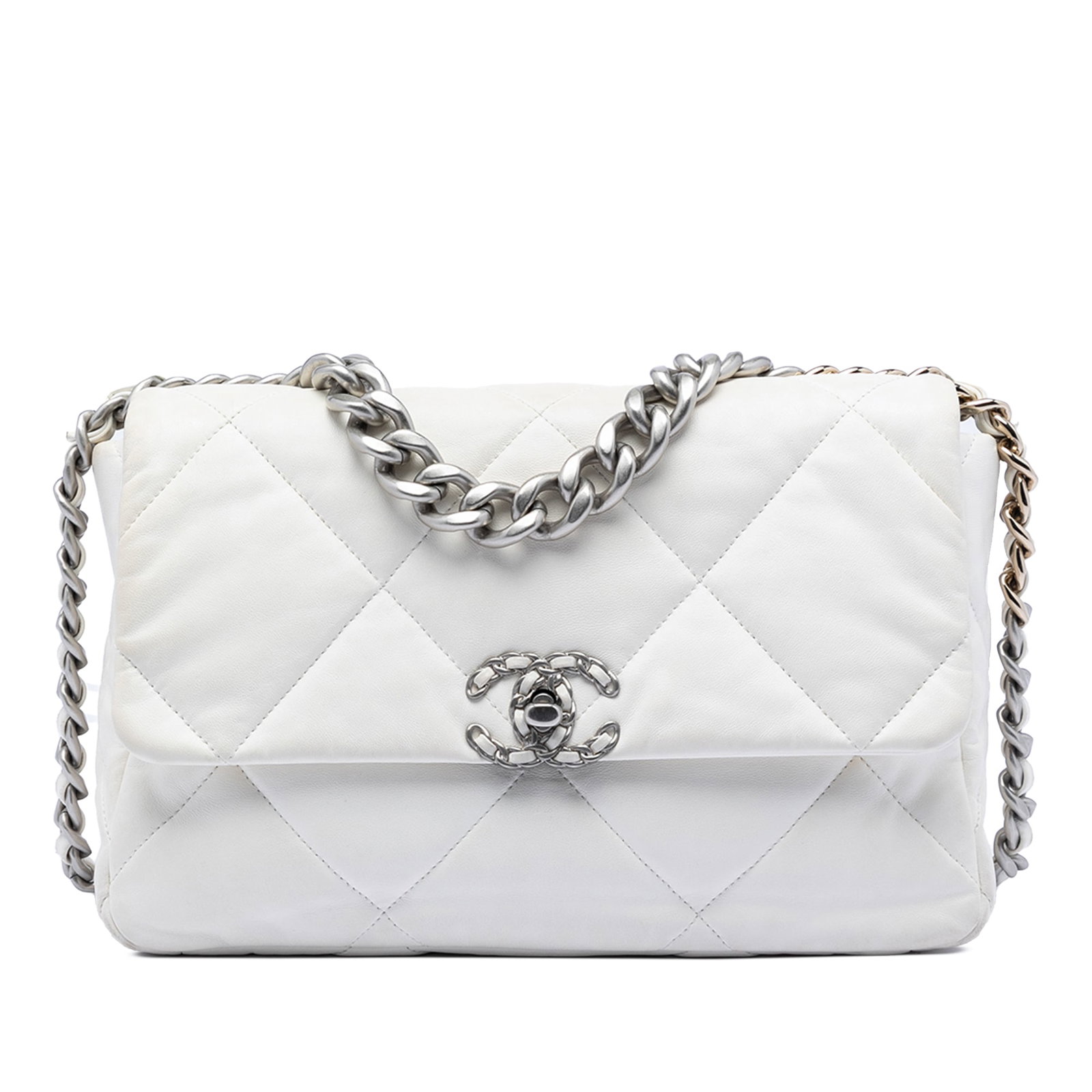 Chanel 19 Flap White Lambskin Leather Bag: Chanel 19 Flap White Lambskin Leather Bag This Chanel Large Lambskin 19 Flap bag showcases a quilted lambskin leather exterior in white, complemented by a chain link handle and a leather-woven chain s