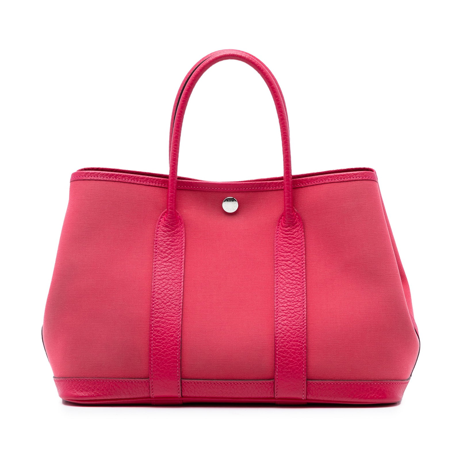Hermes Garden Party 30 Pink Canvas Leather Tote: Hermes Garden Party 30 Pink Canvas Leather Tote This Hermes Garden Party 30 bag showcases a canvas and Negonda leather body in a pink hue, complemented by rolled leather handles and an open top with s