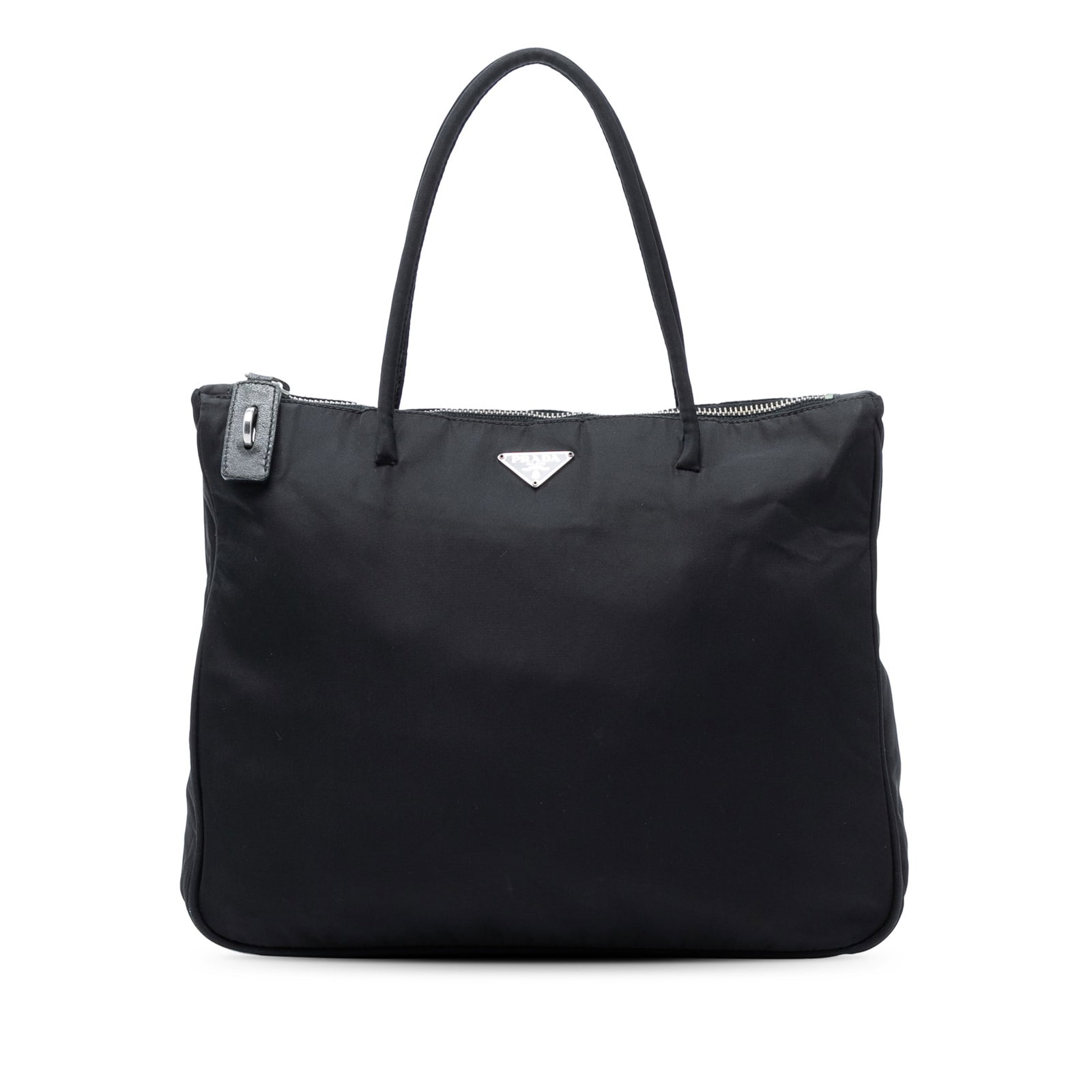 Black Fabric Tote Bag by Prada Tessuto Collection: Black Fabric Tote Bag by Prada Tessuto Collection This Prada Tessuto Tote features a black nylon body with rolled straps, an open top, and an interior zip pocket. The bag shows signs of wear, includin