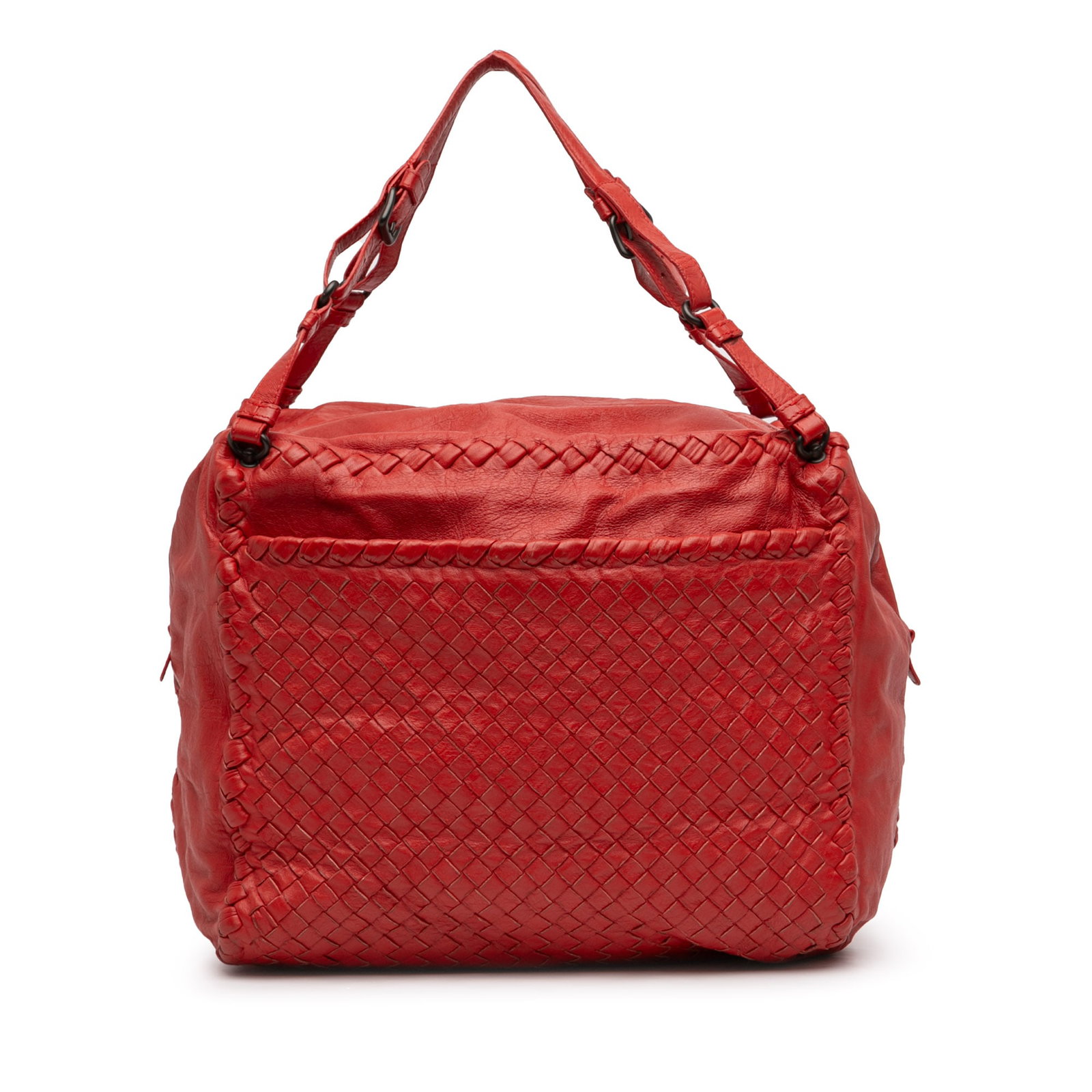 Red Nappa Leather Shoulder Bag by Bottega Veneta Intrecciato Cube: Red Nappa Leather Shoulder Bag by Bottega Veneta Intrecciato Cube This Bottega Veneta Nappa Intrecciato Cube Tote features a distinctive woven nappa leather body in red with flat leather shoulder stra