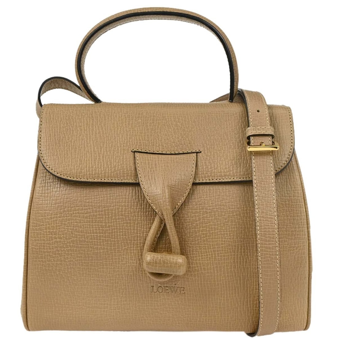 Loewe Beige Leather 2way Top Handle Handbag from Italy: Loewe Beige Leather 2way Top Handle Handbag from Italy This elegant Loewe 2-way handbag is crafted from high-quality leather in a sophisticated beige hue. Designed in Italy, it features a stylish top 