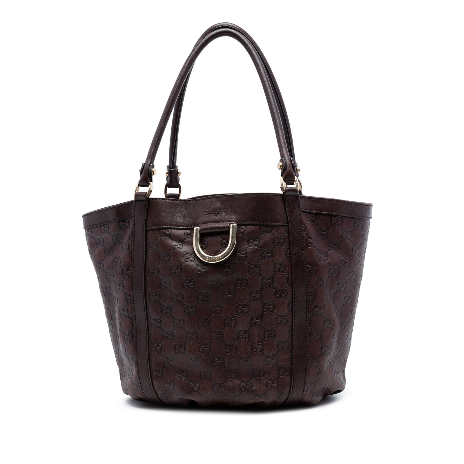 Gucci Guccissima Abbey D Ring leather tote bag: Gucci Guccissima Abbey D Ring leather tote bag This Guccissima Abbey D Ring Tote features a brown embossed leather body with rolled leather handles and an open top secured by a magnetic snap button cl
