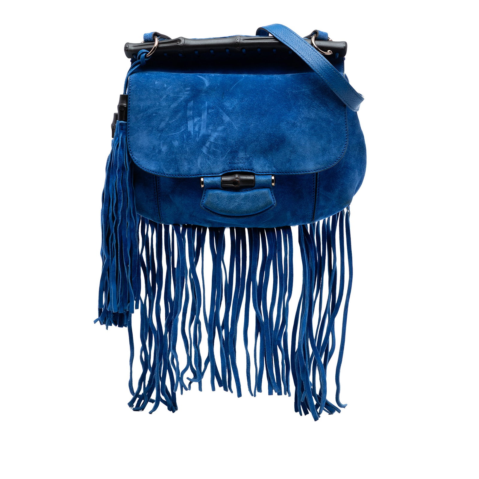 Gucci Bamboo Nouveau Fringe Blue Suede Medium Crossbody Bag: Gucci Bamboo Nouveau Fringe Blue Suede Medium Crossbody Bag This Gucci Medium Suede Bamboo Nouveau Fringe Crossbody features a blue suede leather body with fringe detailing, a flat leather strap, a fr